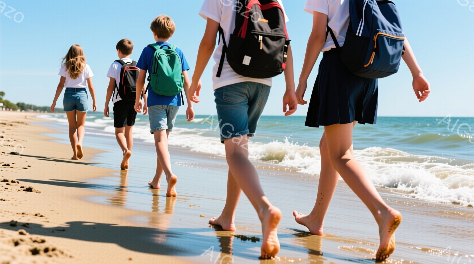 砂浜を歩く子供たちの後ろ姿が写っています。子供たちはそれぞれバックパックを背負い、裸足で水際に沿って歩いており、服装はTシャツや短パン、スカートなどカジュアルなものです。晴れた空と穏やかな波が広がり、夏の明るく爽やかな雰囲気が伝わってきます。