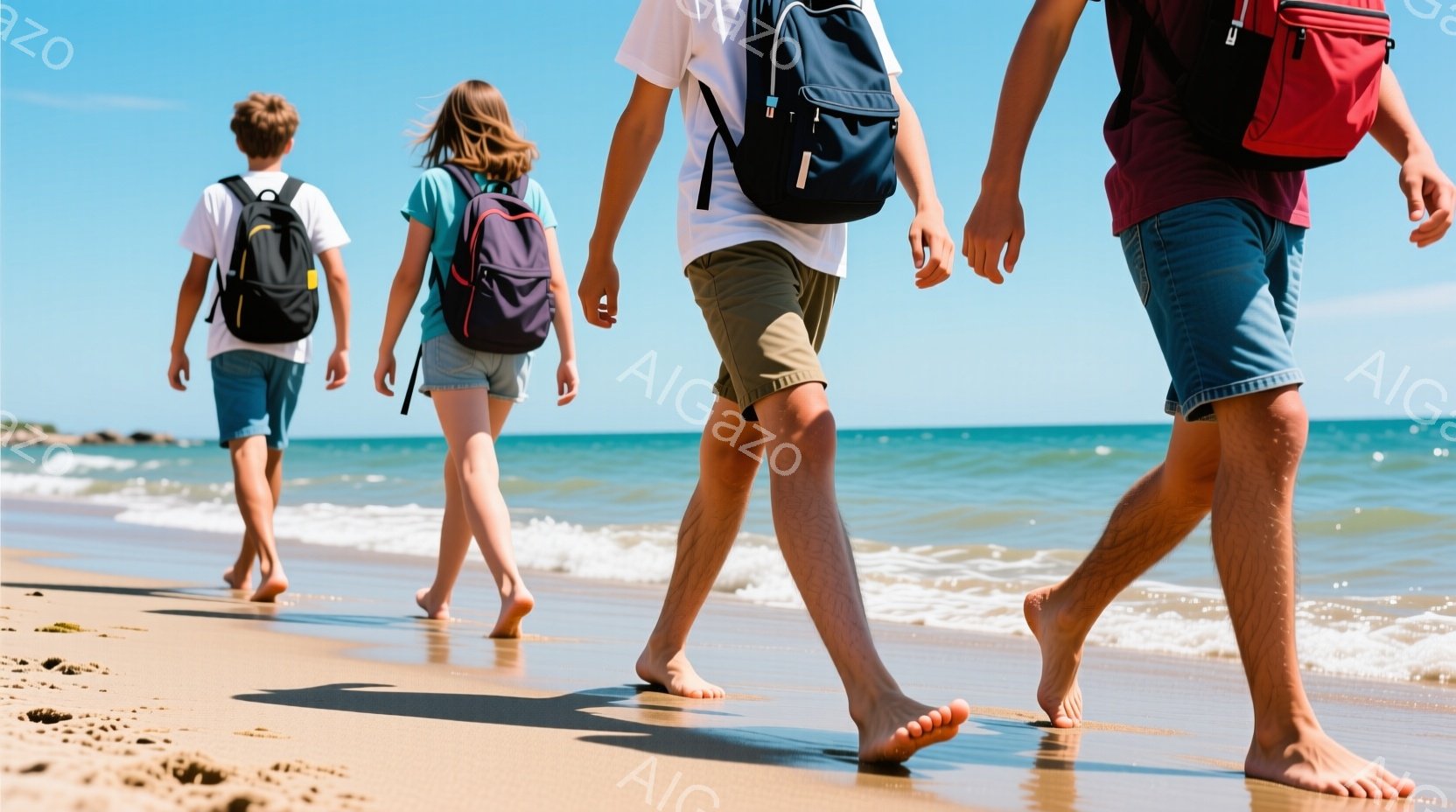 砂浜を歩く人々が写っている。彼らはそれぞれバックパックを背負い、足元は裸足である。背景には青い海と空が広がり、晴天の穏やかな夏の日の雰囲気が伝わってくる。