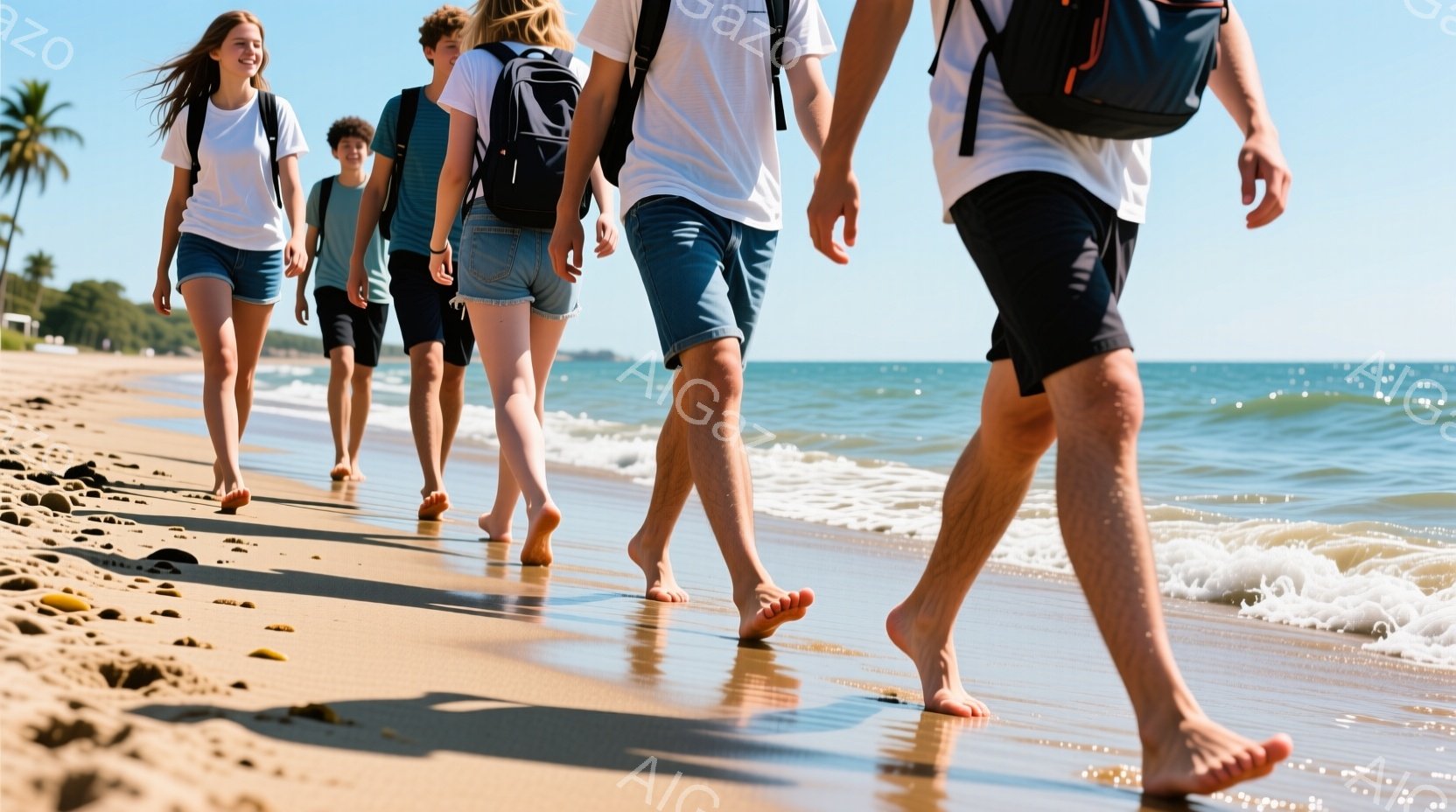 砂浜を数人の若いグループが裸足で歩いている様子が写っている。彼らは皆白いTシャツと短いデニムパンツを着用し、バックパックを背負っている。背景には穏やかな青い海と、ぼんやりと見えるヤシの木が生い茂る海岸線が広がり、晴れた暖かい日のリラックスした雰囲気が漂っている。