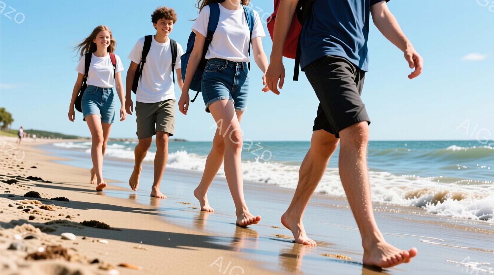 砂浜を歩く若い人々のグループが写っている。彼らは白いTシャツとジーンズのショートパンツを着用し、それぞれバックパックを背負っている。背景には穏やかな海と青い空が広がり、晴れた日のリラックスした雰囲気が - AI生成フリー素材