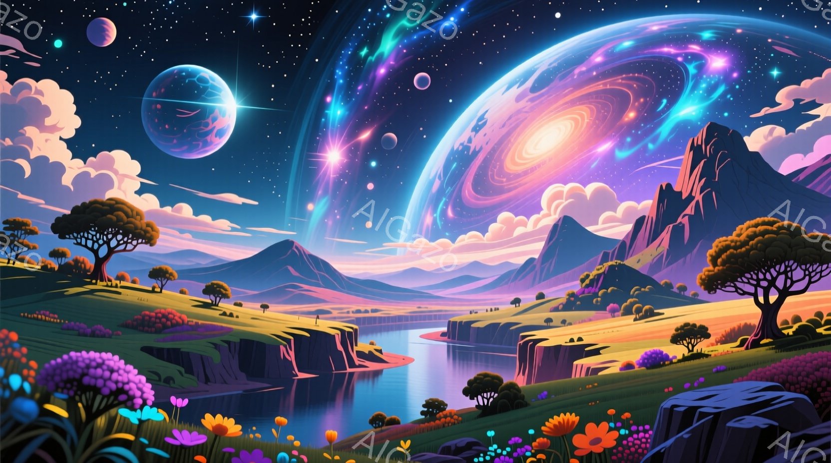 広大な風景には、曲がりくねった川と、周囲を取り囲む紫色の山々が描かれている。空には鮮やかな渦巻き状の銀河と、複数の星や惑星が輝き、幻想的な雰囲気を醸し出している。前方の草地には色とりどりの花々が咲き乱れ、その色彩が風景に彩りを添えている。