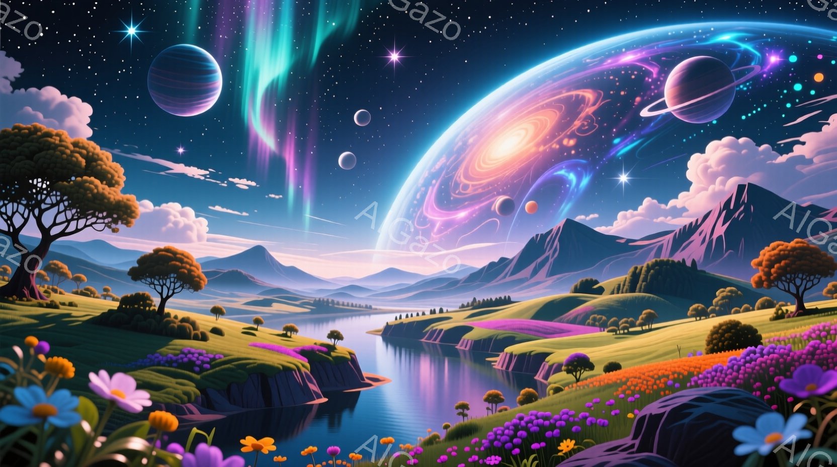 美しい山々と川が広がる幻想的な風景です。空には巨大な惑星と、様々な大きさの星々が輝き、オーロラのような光が幻想的な雰囲気を醸し出しています。鮮やかな花々が咲き乱れる草原と、落ち着いた色調の山々が調和し、穏やかで平和な印象を与えます。