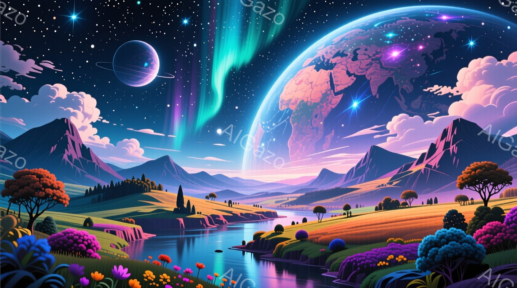 幻想的な風景を描いています。紫やピンクの山々が連なり、その間を蛇行する川が美しい光を反射しています。背景には巨大な惑星とオーロラのような光が広がり、夢幻的な雰囲気を醸し出しています。