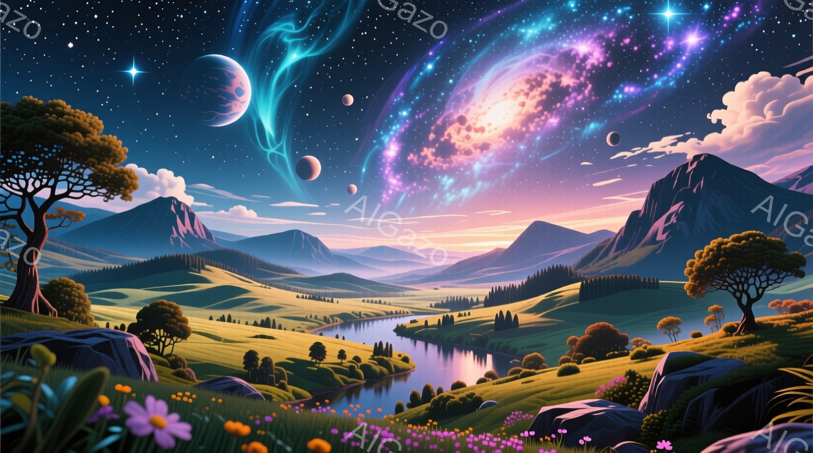 広大な緑の谷が広がり、蛇行する川がその中心を流れている。空には渦巻く銀河と複数の惑星が輝き、幻想的な雰囲気を醸し出している。前景には色とりどりの花々が咲き乱れ、奇岩が点在し、平和で美しい自然の風景が描かれている。