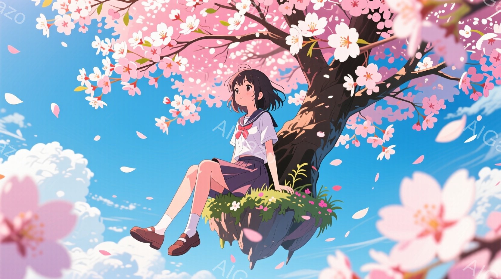 少女は浮遊する岩の上に座っており、紺色のスカートと白いブラウス、赤いリボン付きのセーラー服を着ています。彼女は黒髪で、少し微笑んでおり、穏やかな表情をしています。背景には、満開の桜の木と青空が広がり、 - AI生成フリー素材