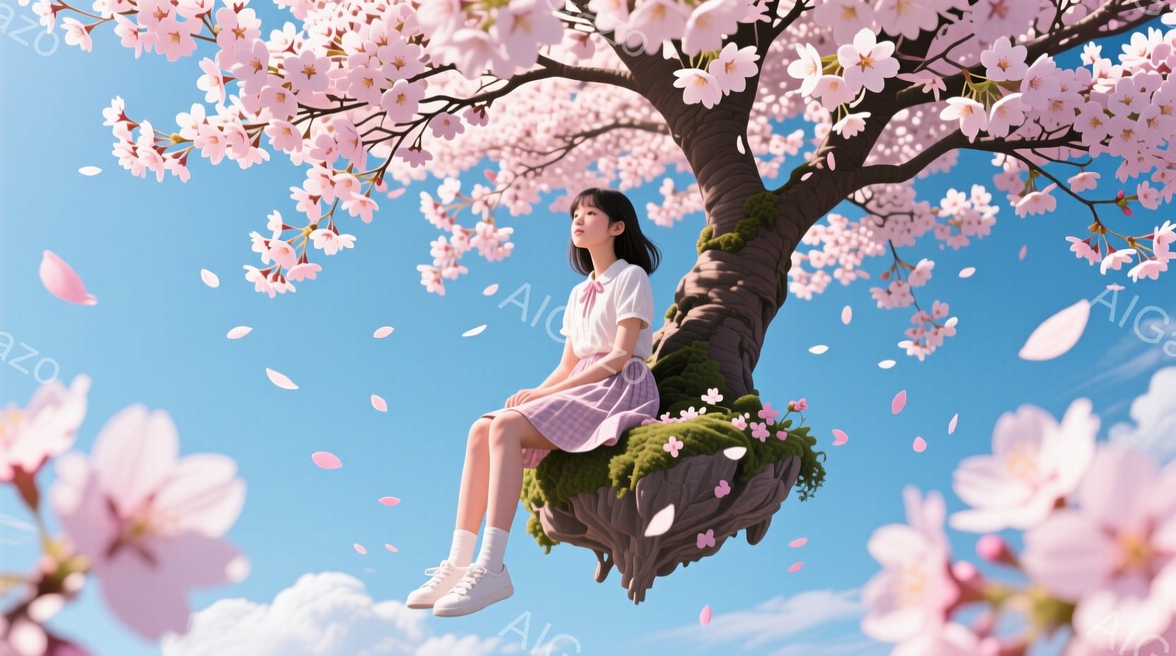 소녀は桜の咲き乱れる空中に浮かぶ緑の島に座っています。彼女は白いシャツにピンクのプリーツスカート、白い靴下とスニーカーを履き、リボンをつけています。彼女は少しうつむき加減で、穏やかで物憂げな表情をして - AI生成フリー素材