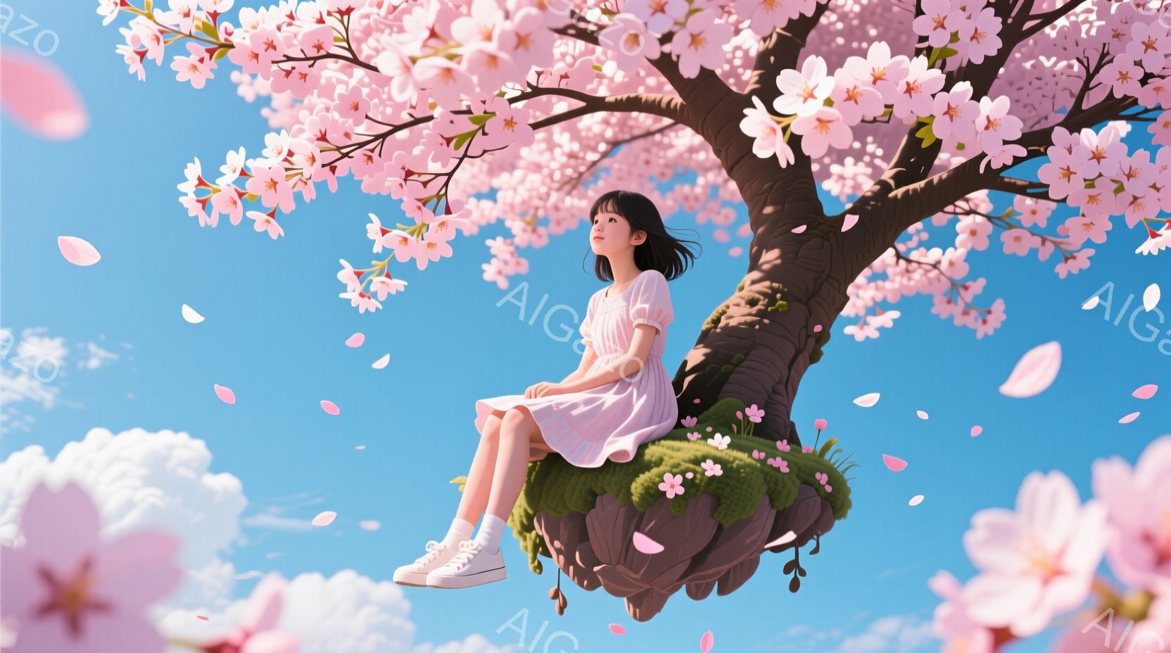 明るい青空を背景に、ピンク色の桜の花びらが舞う中、少女が浮かぶ島の上に座っている。白いワンピースに白い靴下とスニーカーを履き、黒髪を後ろで一つにまとめている。少女は少し上を見つめており、穏やかで物思いにふけるような表情をしている。