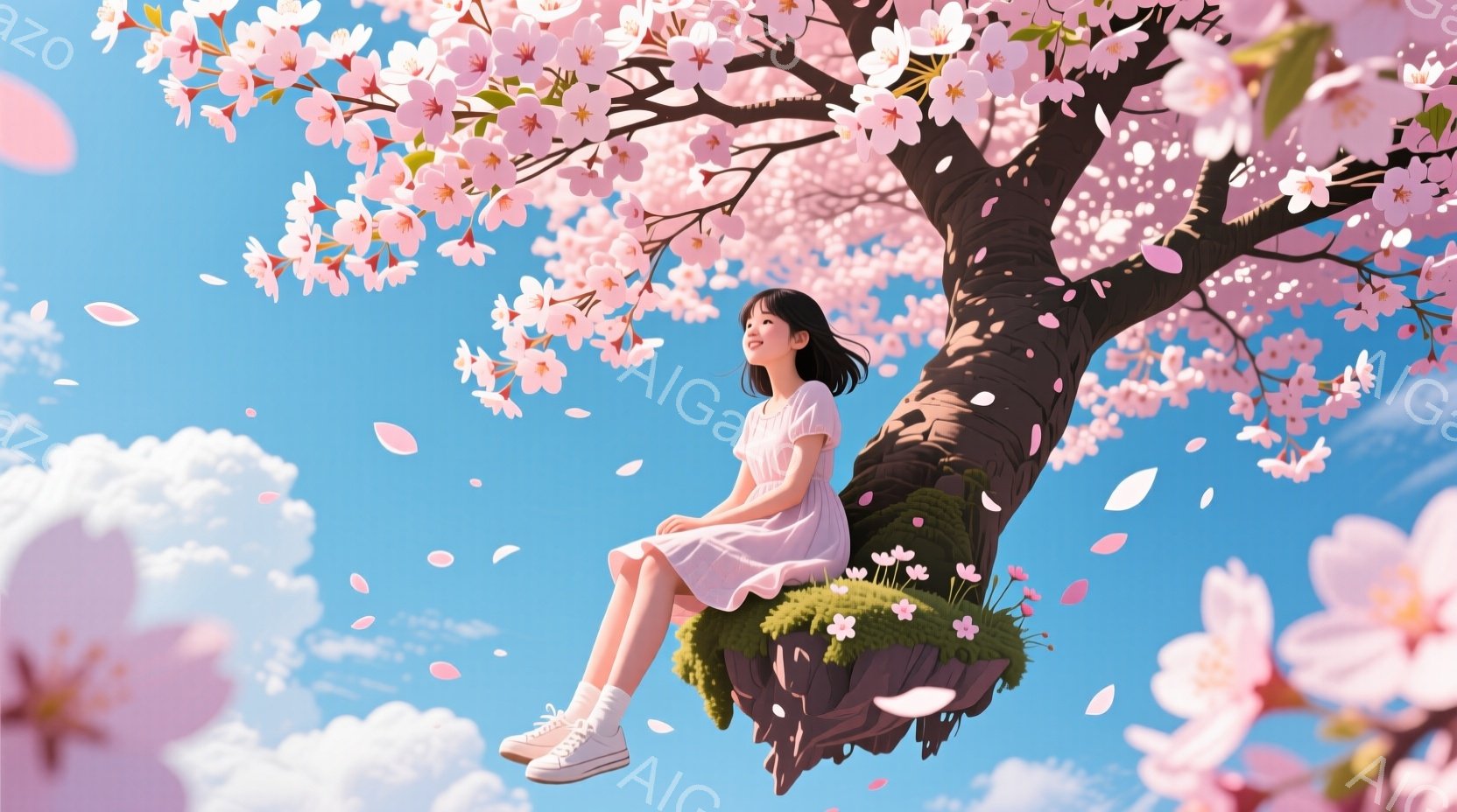 少女は、ピンク色の花びらが舞う空中に浮かぶ緑の丘の上に座っています。彼女は、薄ピンク色のワンピースと白いスニーカーを履いており、黒髪を後ろで結んでいます。明るい笑顔を浮かべ、穏やかで幻想的な雰囲気を醸 - AI生成フリー素材