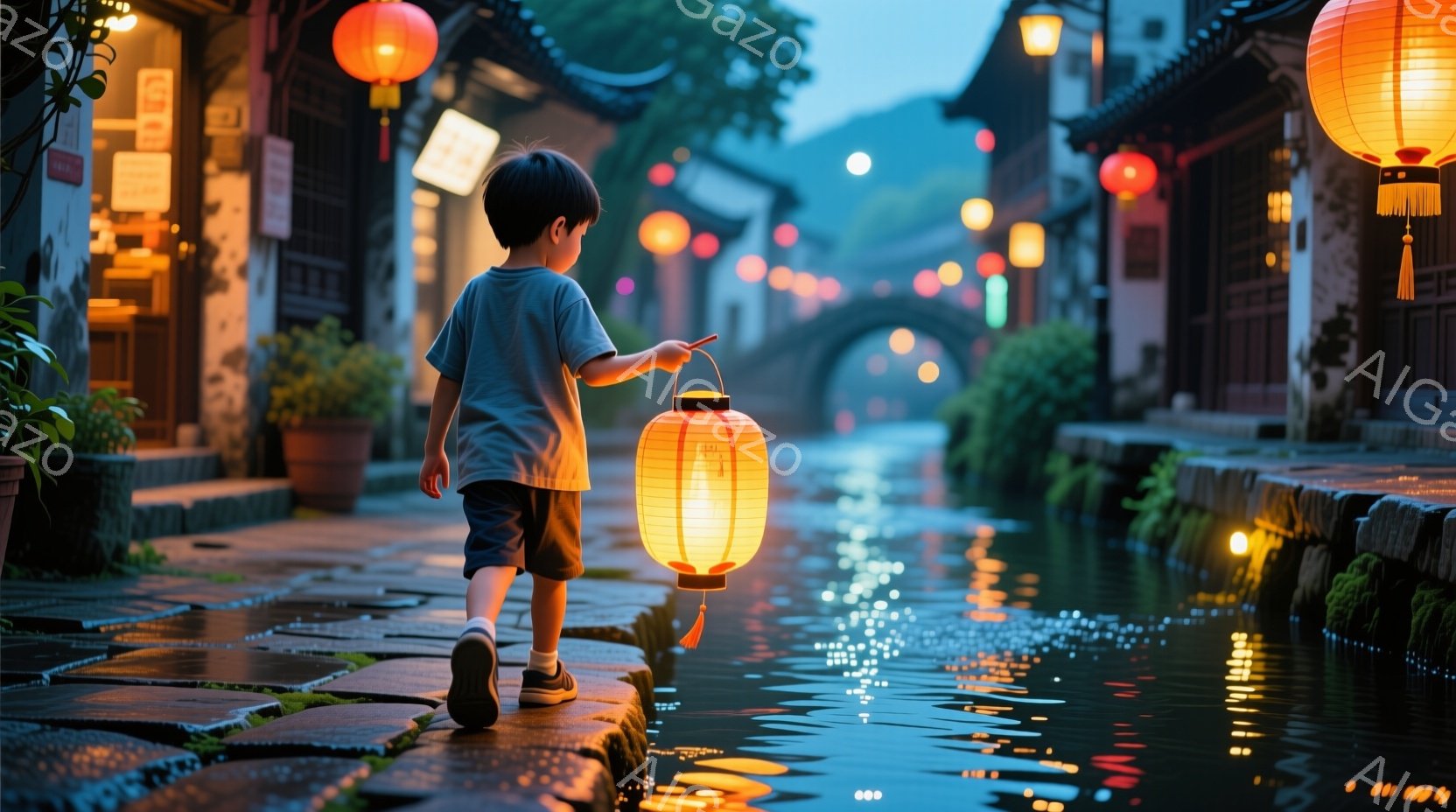 少年は、提灯を手に水辺の石畳の道を歩いている。背景には、古い街並みと水路、そして提灯の光が水面に反射し幻想的な雰囲気を醸し出している。夕暮れ時の穏やかな光が、ノスタルジックな情景をさらに引き立てている。