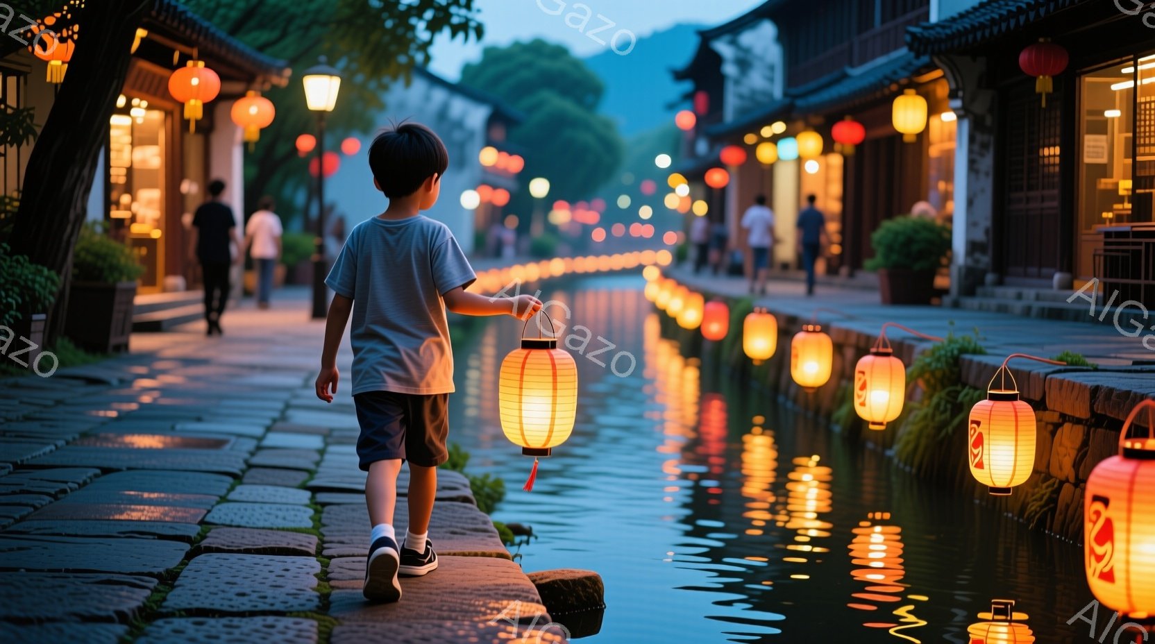 小さな少年が提灯を手に、石畳の道に沿って歩いている。周囲には古い様式の建物が並び、運河の水面に提灯の光が反射して幻想的な光景を作り出している。夕暮れ時の穏やかな雰囲気で、どこか懐かしい温かい気持ちになる写真だ。