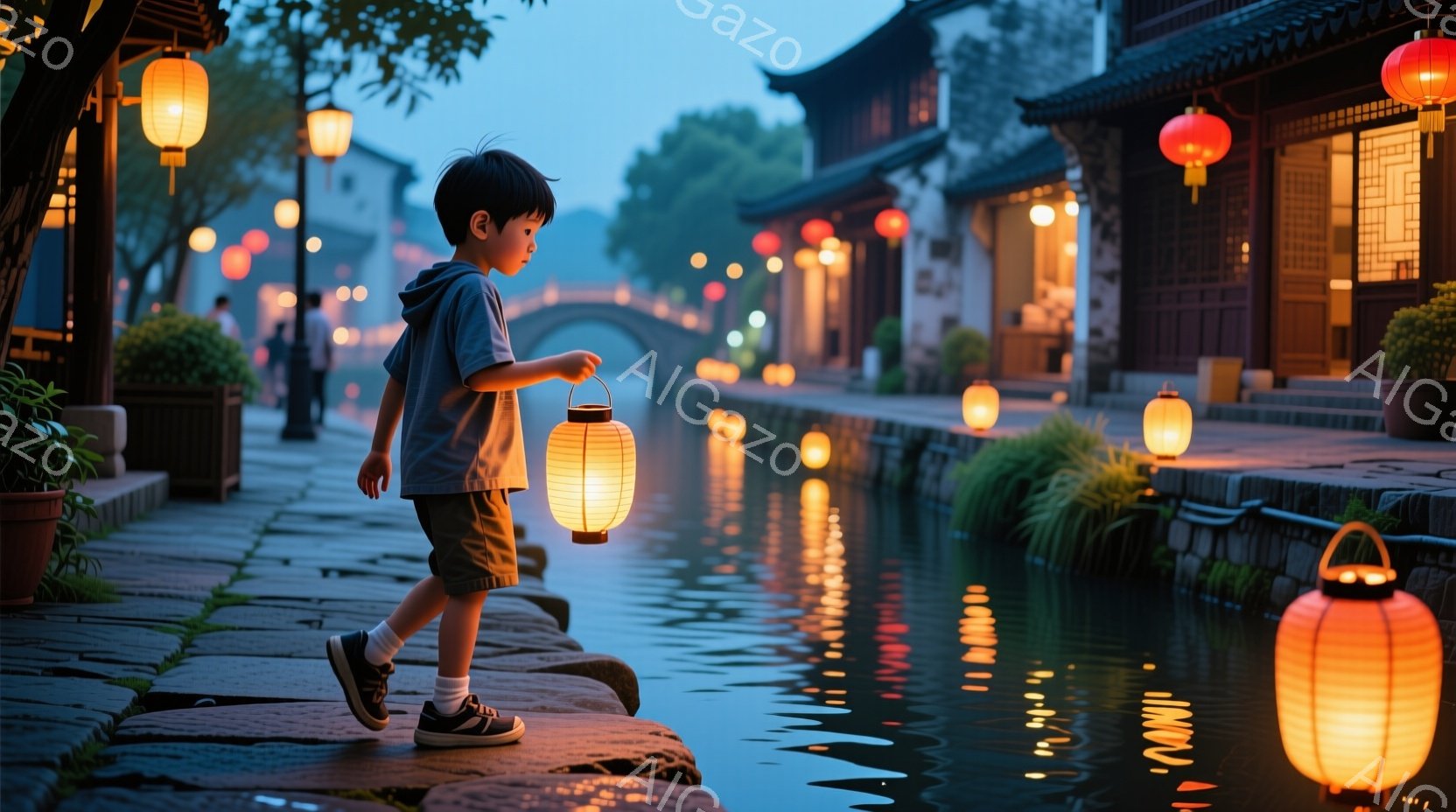 小さな少年が、提灯を手に水路沿いの石畳の上を歩いている。少年は、薄い水色のシャツにカーキ色の短パン姿で、黒い髪は短く整えられている。背景には、赤く光る提灯が並び、伝統的な建築様式の建物が水路の両側に連なっている。