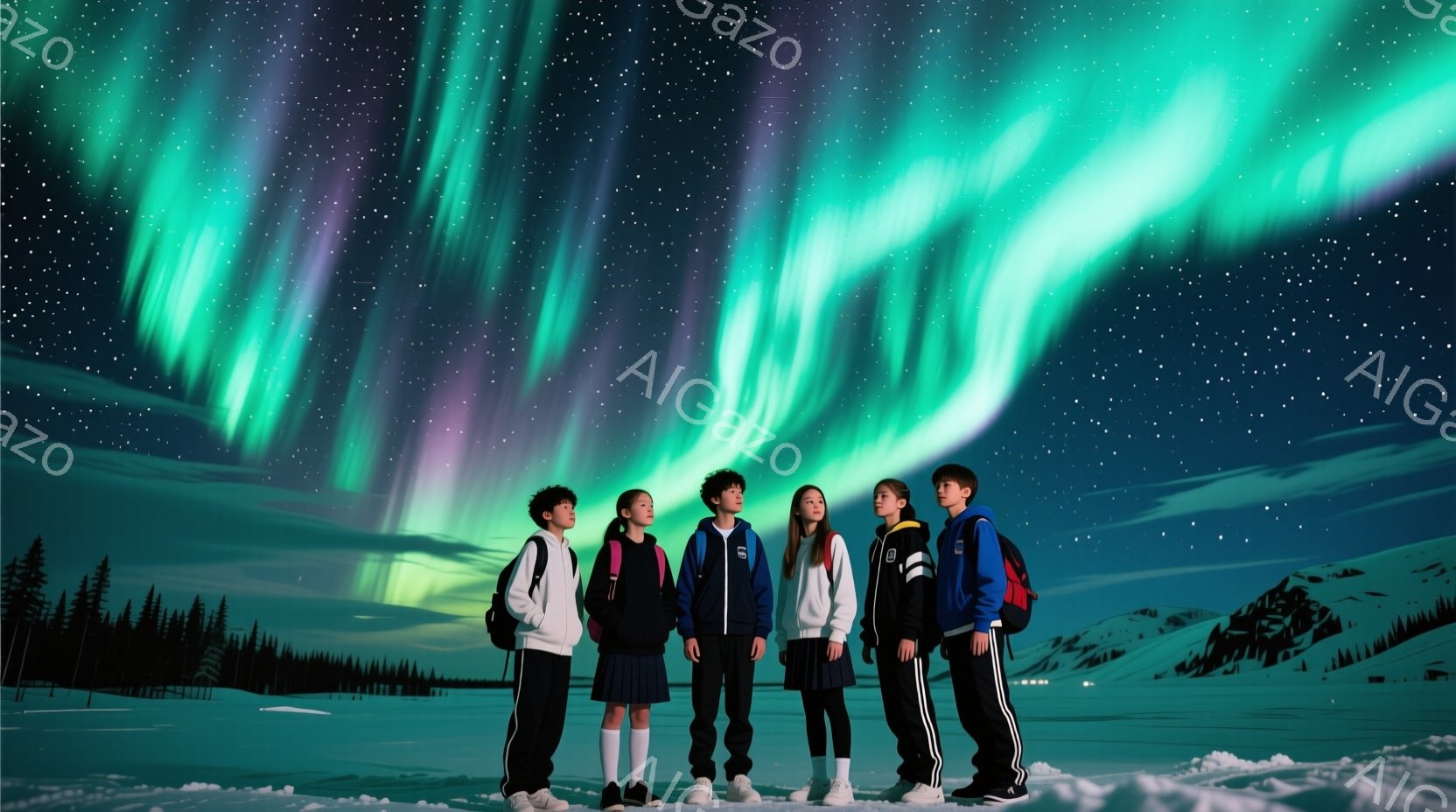五人の学生が雪景色の中でオーロラを見上げています。紺色のブレザー、白いシャツ、スカートまたはズボンという制服姿で、それぞれ背中にリュックを背負っています。空には緑と紫のオーロラが広がり、雪原と針葉樹林 - AI生成フリー素材