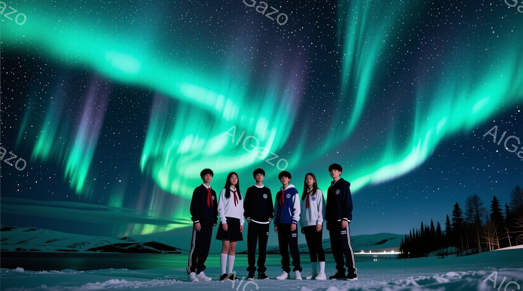 五人の学生が雪景色の中で整列している。制服を着ており、男性は紺色、女性は濃い青色で、白い靴下とスニーカーを履いている。背景にはオーロラが広がり、遠くには針葉樹林と薄暗い建物が見え、夜空には星が散りばめられている。