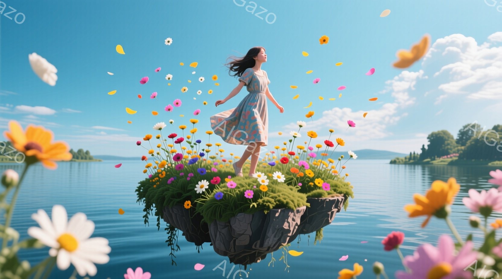 浮遊する緑の島の上に、花柄のワンピースを着た女性が立っている。彼女は長い髪を風になびかせ、目を閉じ、穏やかな表情をしている。背景には青い湖と緑豊かな山々が広がり、空には白い雲が浮かび、全体的に幻想的で平和な雰囲気が漂っている。