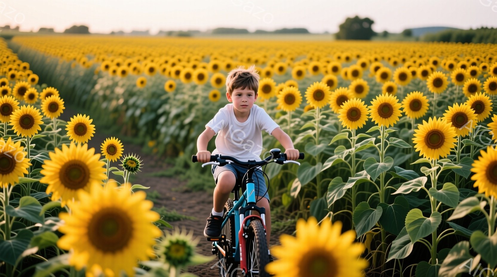 金髪の少年が、ひまわりの畑の中を自転車で走っている。少年は白いTシャツと黒いズボンを着用し、少し微笑んだ表情をしている。背景には一面に広がる鮮やかなひまわり畑が広がり、暖かく明るい夏の雰囲気が漂っている。