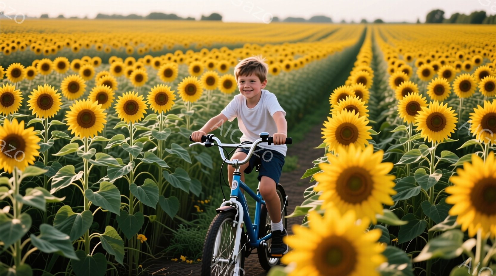 金髪の少年が青い自転車に乗り、ひまわり畑の中を走っている。少年は白いTシャツと黒いショートパンツを着用し、笑顔で前を見ている。背景は一面に広がるひまわり畑で、太陽の光を浴びて明るく輝いている。 - AI生成フリー素材