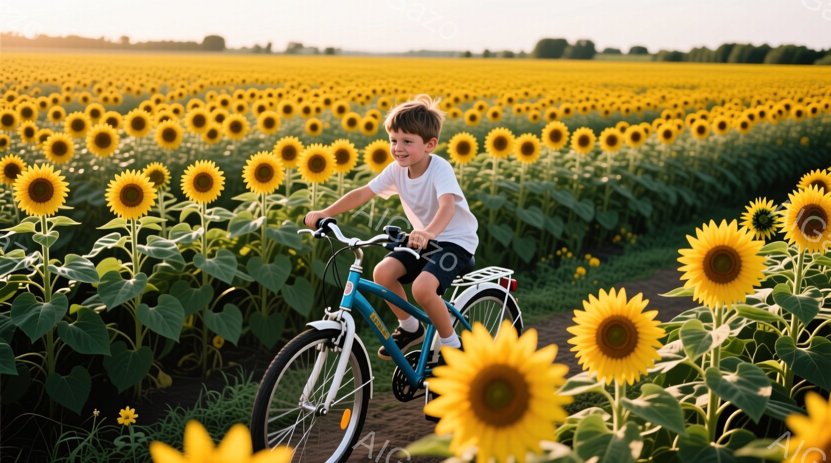 少年は青い自転車に乗り、ひまわりの畑の中を走っています。白いTシャツと黒いショートパンツを着ており、笑顔で前を見つめています。背景には一面に広がる鮮やかなひまわり畑が広がり、暖かい日差しが降り注ぎ、明 - AI生成フリー素材