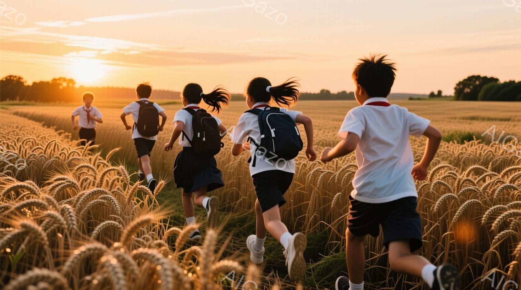 金色の麦畑を複数の子供たちが走っている様子が写っている。子供たちは皆、白いシャツと紺色のスカートまたはズボンを着用し、背中にリュックサックを背負っている。背景には夕焼けが広がり、暖かく、ノスタルジックな雰囲気を醸し出している。