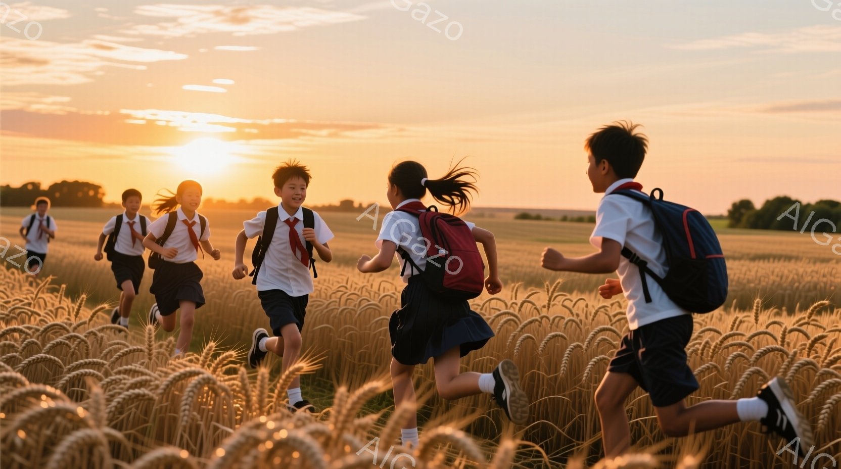 麦畑を駆け抜ける小学生数人が写っている。白いシャツに紺色のスカートまたはズボン、赤いネクタイ、そして赤いリュックサックを背負った生徒たちは、夕焼けに照らされながら、楽しそうに走り、その表情は生き生きとしている。背景には、広大な麦畑と遠くに見える丘陵地帯が広がり、温かく穏やかな夕暮れの雰囲気が漂っている。