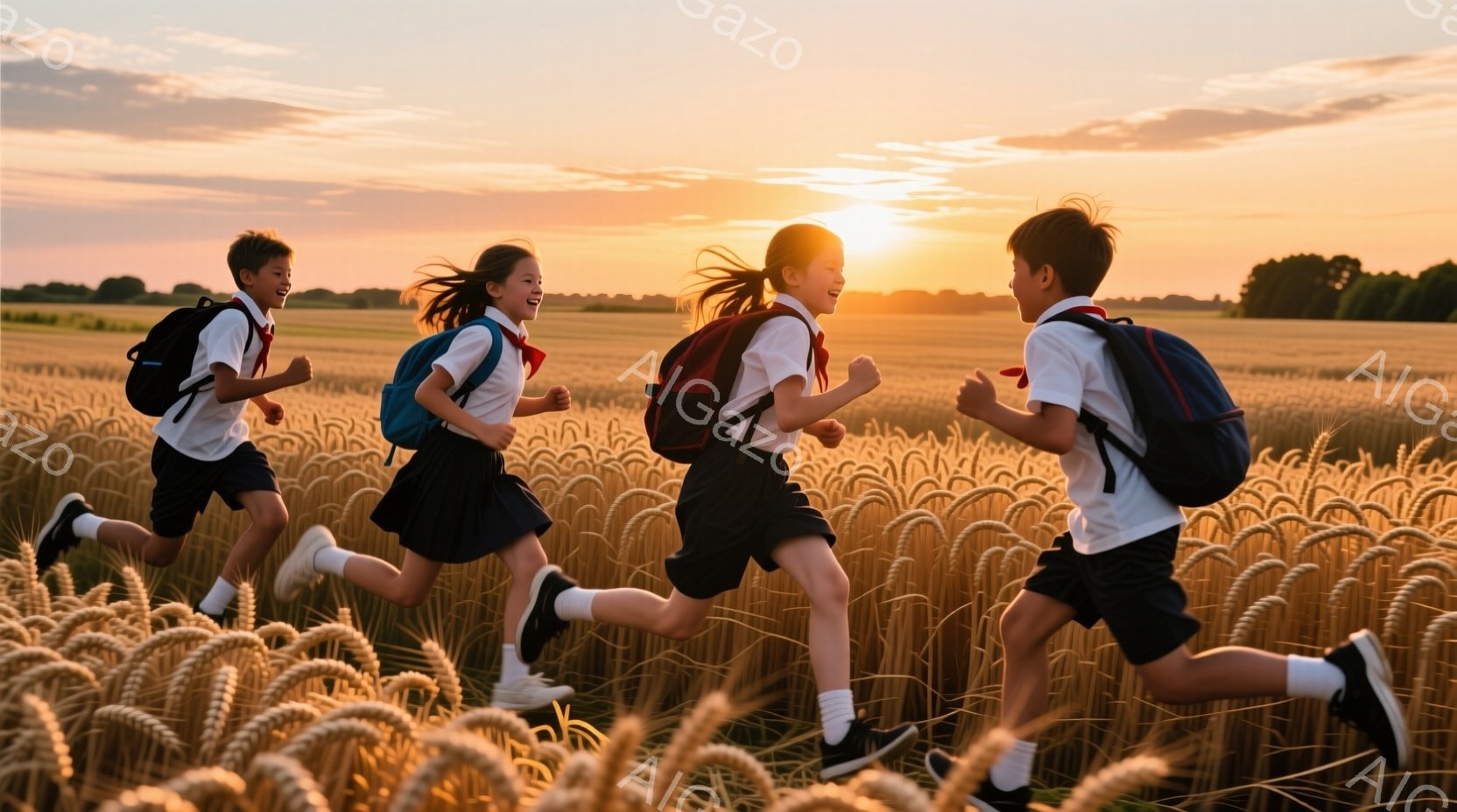 金色の麦畑を四人の子供たちが駆け抜けている。制服を着て、それぞれリュックサックを背負い、笑顔で走っている様子から、楽しさと解放感が伝わってくる。夕焼け空と麦畑が織りなす背景は、子供たちの活き活きとした姿をさらに引き立て、温かくノスタルジックな雰囲気を醸し出している。