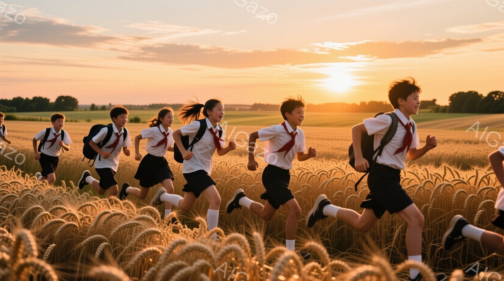 麦畑を複数の生徒たちが駆け抜けている様子が写っている。彼らは皆、白いシャツに黒いスカートまたはズボン、赤いネクタイ、白い靴下、スニーカーを履いており、背中にリュックサックを背負っている。背景には夕焼けの空と広大な麦畑が広がり、生徒たちの表情は楽しそうで、活気に満ちた雰囲気が伝わってくる。