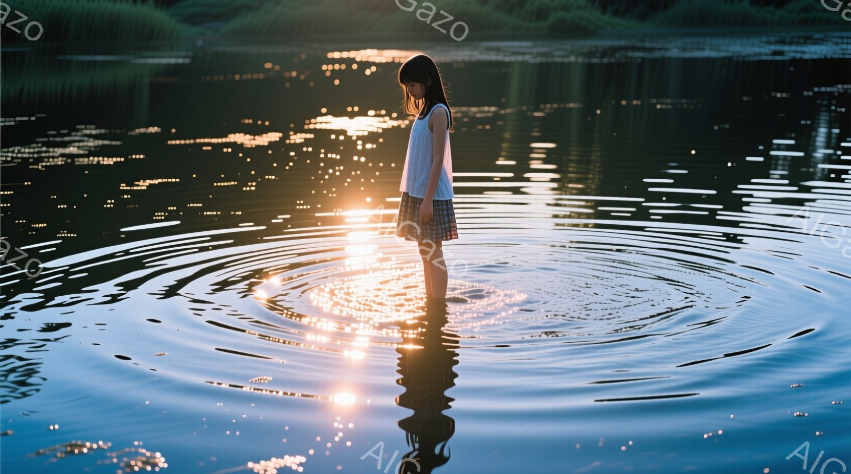 薄いピンク色のスカートと白いトップスを着た少女が、水面に波紋が広がる浅瀬に立っている。彼女は髪を後ろで一つに結び、背中を丸め、下を見つめているように見える。背景は緑豊かな自然で、水面には太陽の光が反射し、キラキラと輝き、静かで物憂げな雰囲気を醸し出している。