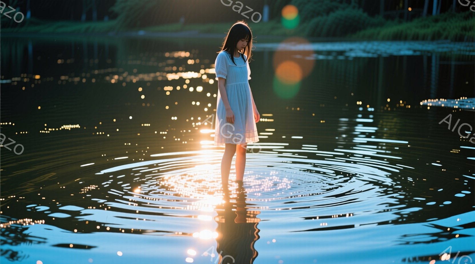 長い黒髪を背中に垂らし、白いワンピースを着た女性が水の中に立っている。水面には彼女の足元を中心に波紋が広がり、光が反射してキラキラと輝いている。背景は緑豊かな自然で、水面は穏やかで静寂な雰囲気を醸し出している。