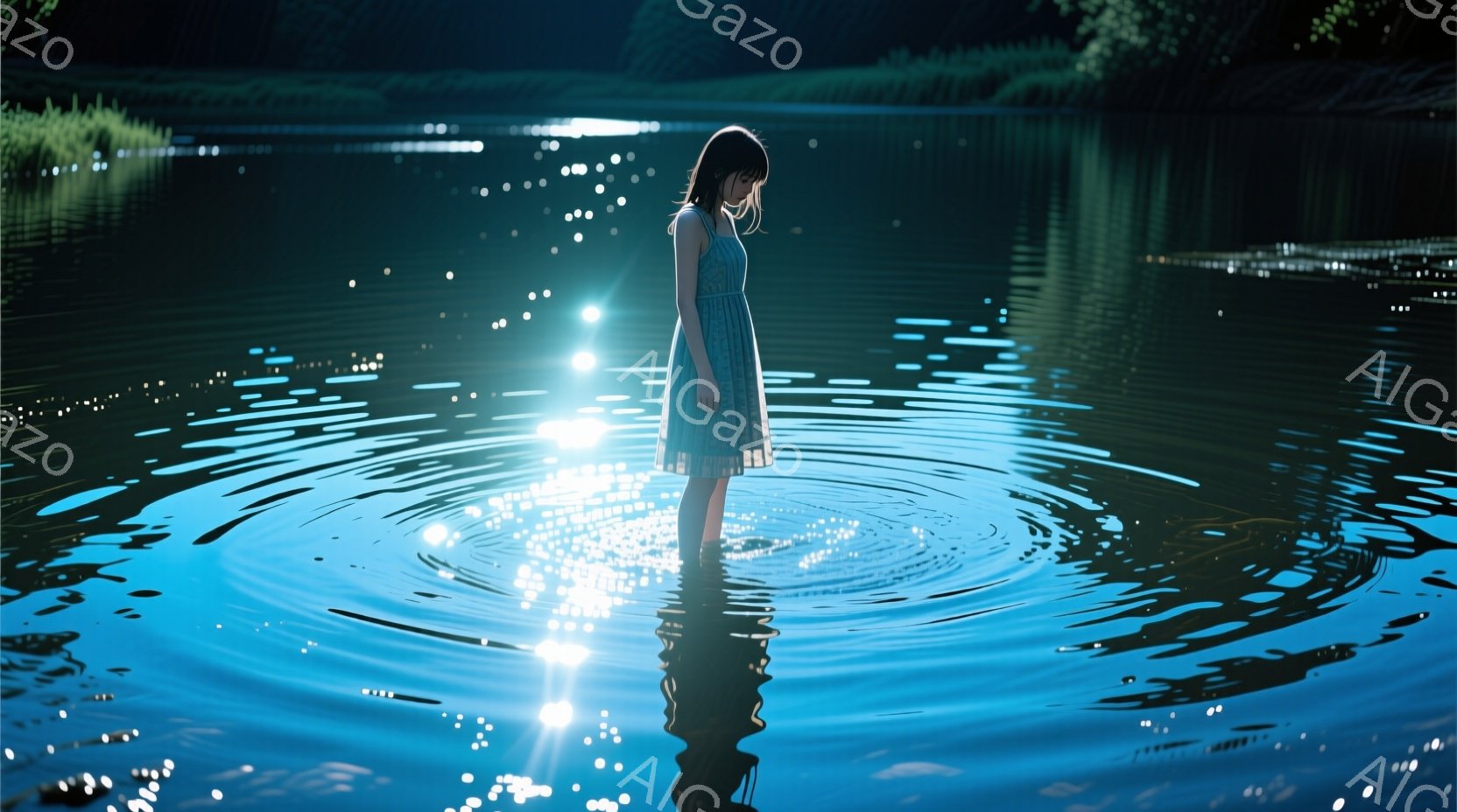少女は水面に波紋が広がる中で、膝まで水に浸かって立っている。彼女は薄い水色のワンピースを着ており、長く黒い髪が背中を覆っている。背景は暗い森で、水面には星のような光が散りばめられ、幻想的な雰囲気を醸し - AI生成フリー素材