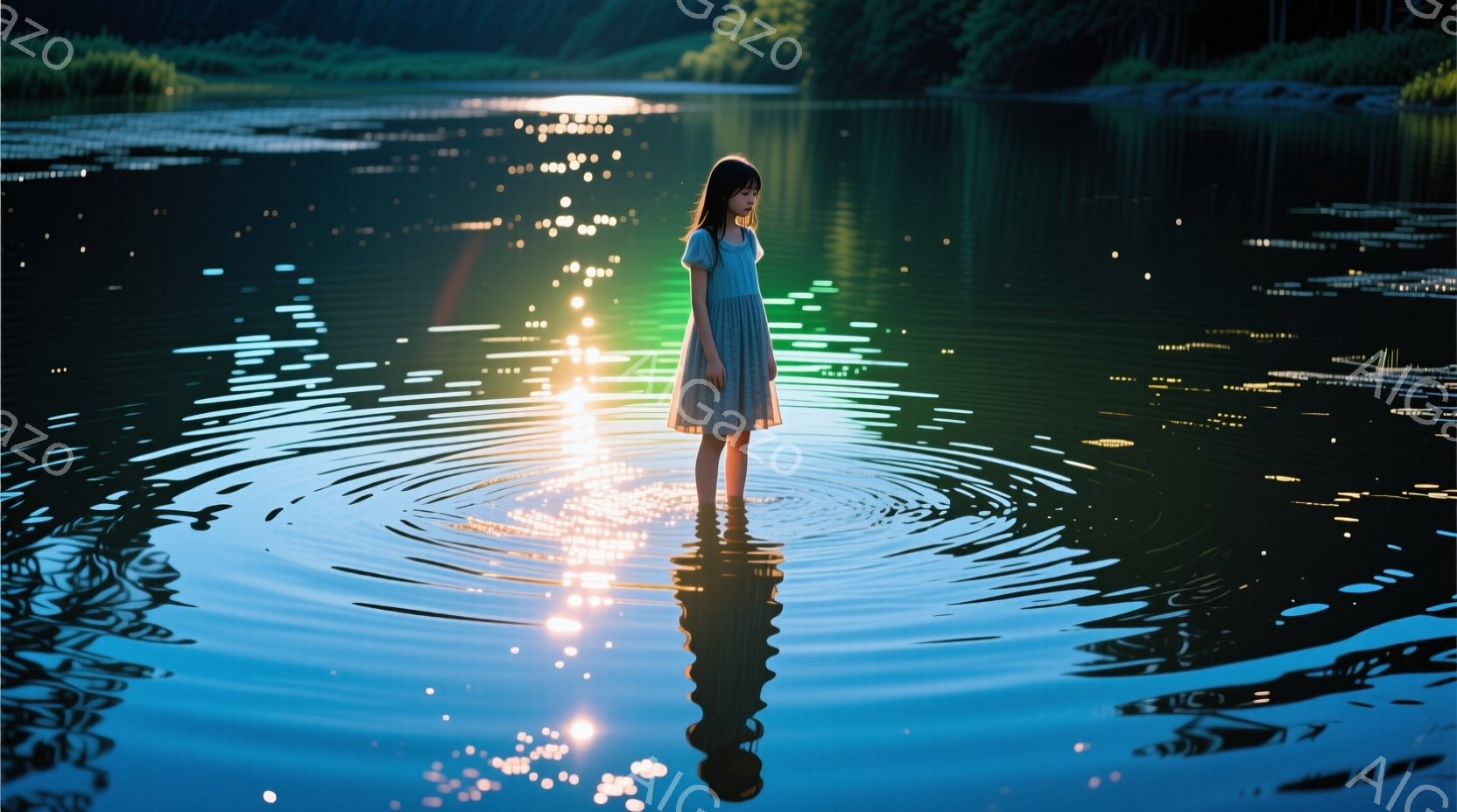 緑がかった水面に立つ少女は、薄い水色のワンピースを着ており、黒髪は長く、後ろで自然に垂れ下がっています。少女は水面に波紋が広がる中で静かに立っており、表情ははっきりと見えませんが、どこか物憂げで内向的 - AI生成フリー素材