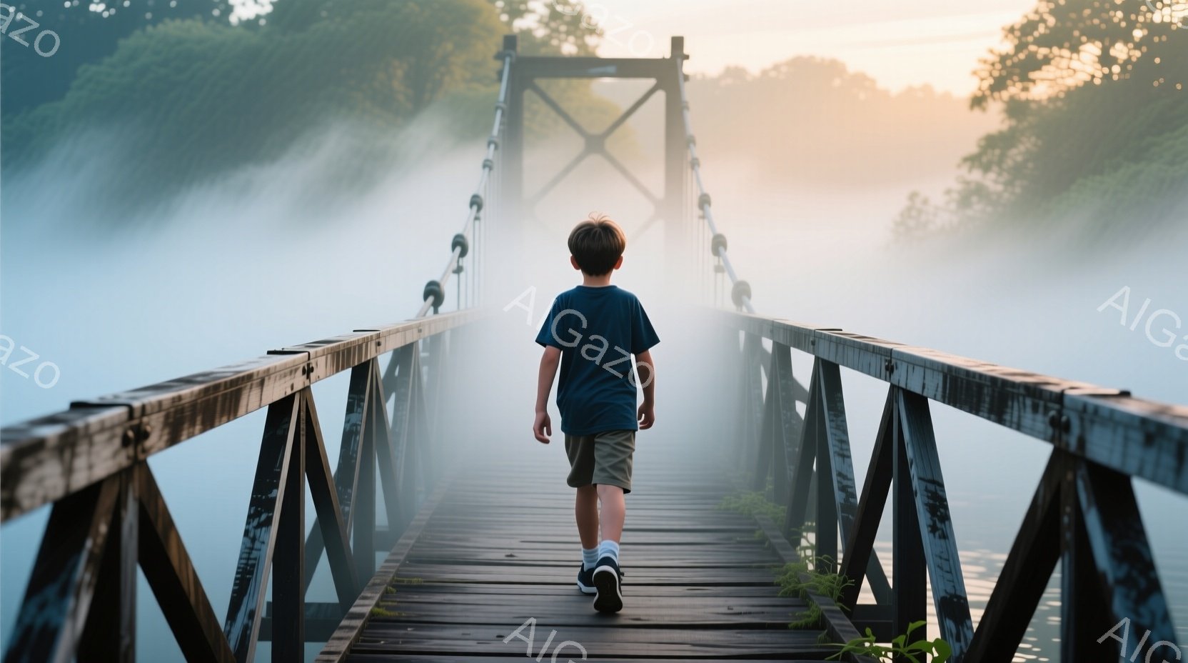 一人の少年が木製の吊り橋を遠ざかる後ろ姿が写っている。少年は青いTシャツとカーキ色の短パンを着ており、短い茶色の髪をしている。背景は霧に包まれた水面と緑豊かな木々で、全体的に穏やかで幻想的な雰囲気を醸 - AI生成フリー素材