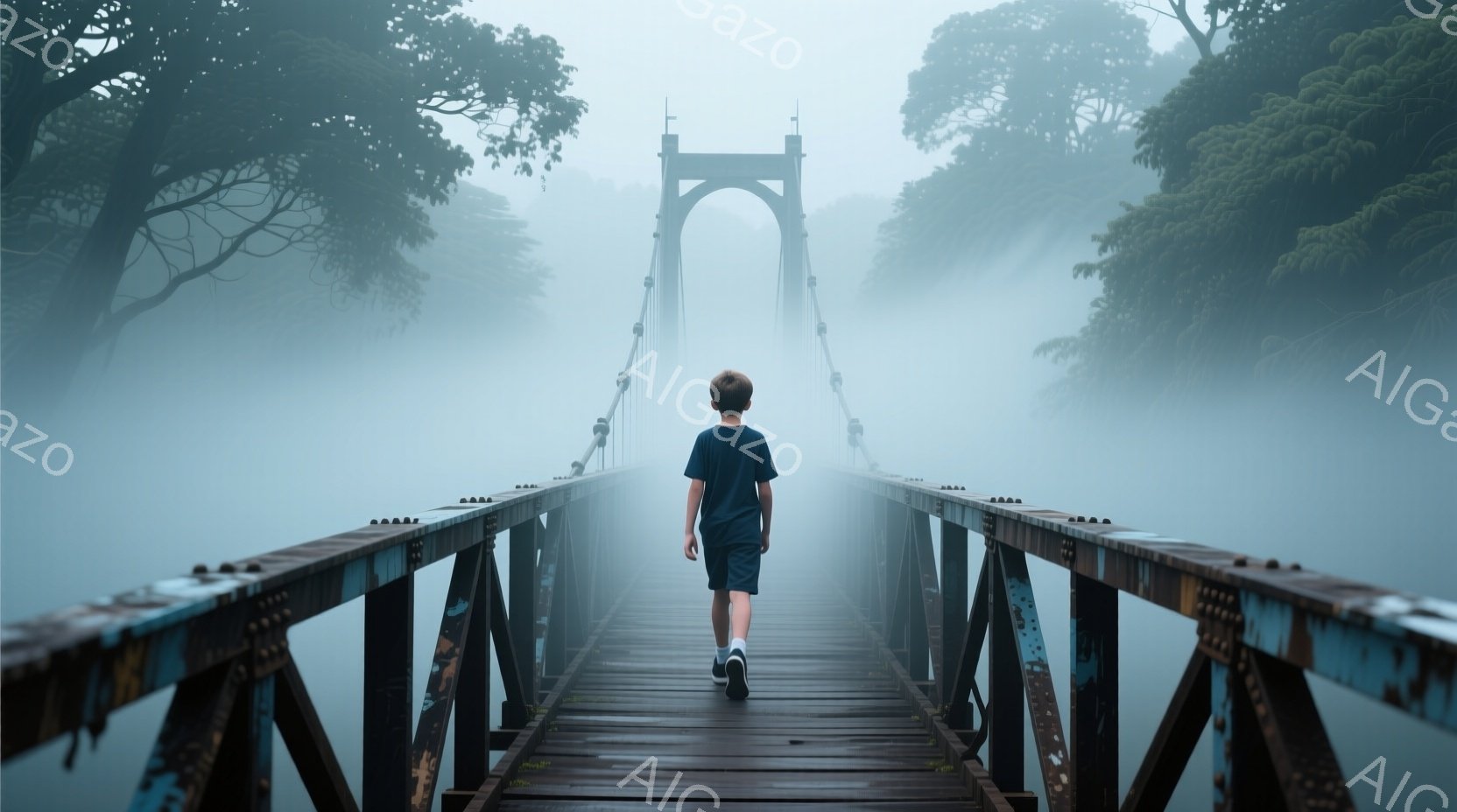 背の高い木々に囲まれた橋の上を、少年が一人歩いている。少年は青いTシャツと黒いズボンを着用し、後ろ姿からは表情は読み取れないが、静かに歩いている様子が伺える。背景は濃い霧に覆われ、橋の構造と周囲の緑がぼんやりと見えることで、神秘的で物憂げな雰囲気が漂っている。