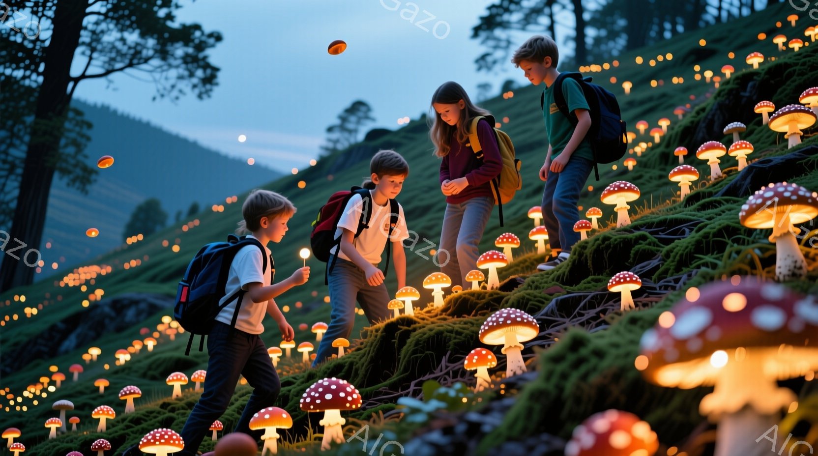 三人の子供たちが、光るキノコが生い茂る丘を歩いている。彼らは皆バックパックを背負い、一人は手には光る棒を持っている。背景には緑豊かな森林と、薄暗い夕暮れ時の空が広がり、幻想的で不思議な雰囲気を醸し出している。