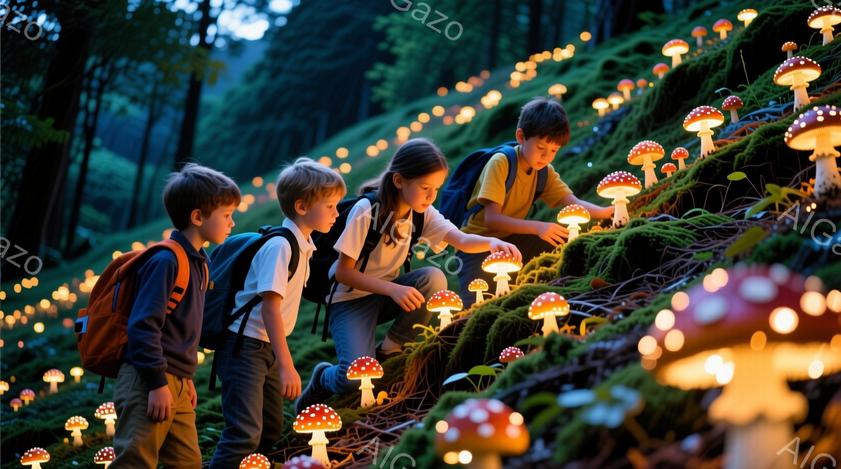 少年少女たちが、苔むした斜面に生えた光るキノコに興味津々で手を伸ばしています。彼らは皆、バックパックを背負い、明るい黄色のシャツを着ており、好奇心に満ちた表情をしています。背景は緑豊かな森林で、光るキノコが幻想的な雰囲気を醸し出しています。