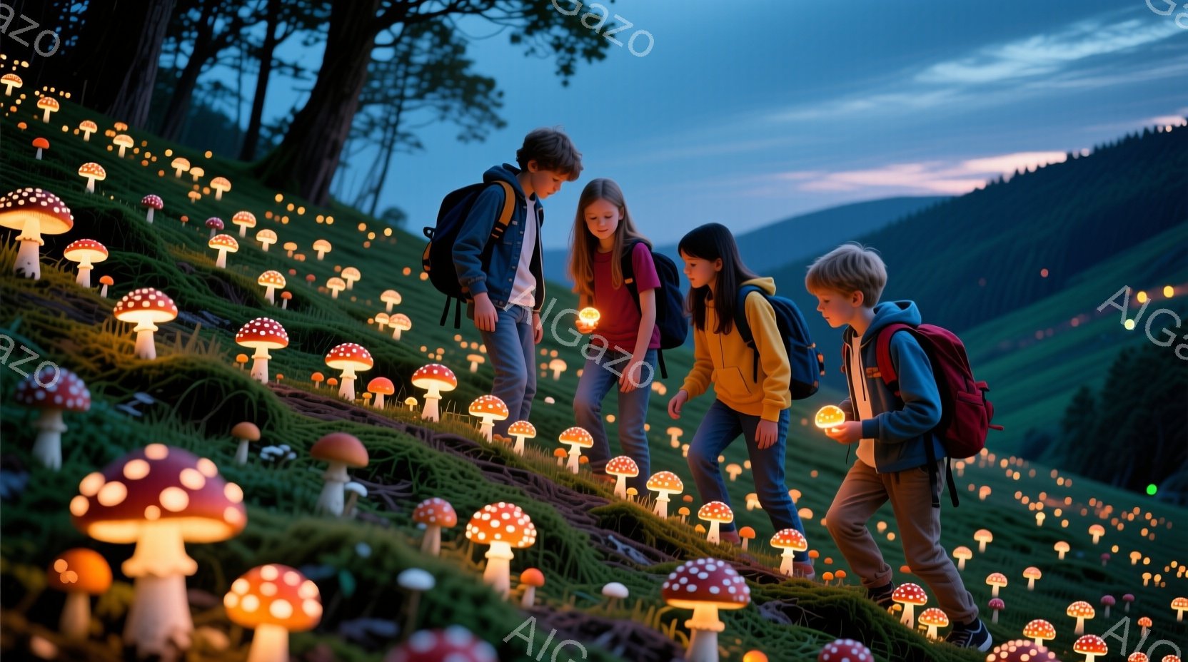 ３人の子供たちが、光るキノコが並ぶ斜面を歩いている。彼らは皆バックパックを背負い、オレンジ色の光を放つキノコを注意深く見つめている。背景には緑豊かな丘が広がり、夕暮れ時の空が穏やかな雰囲気を醸し出している。