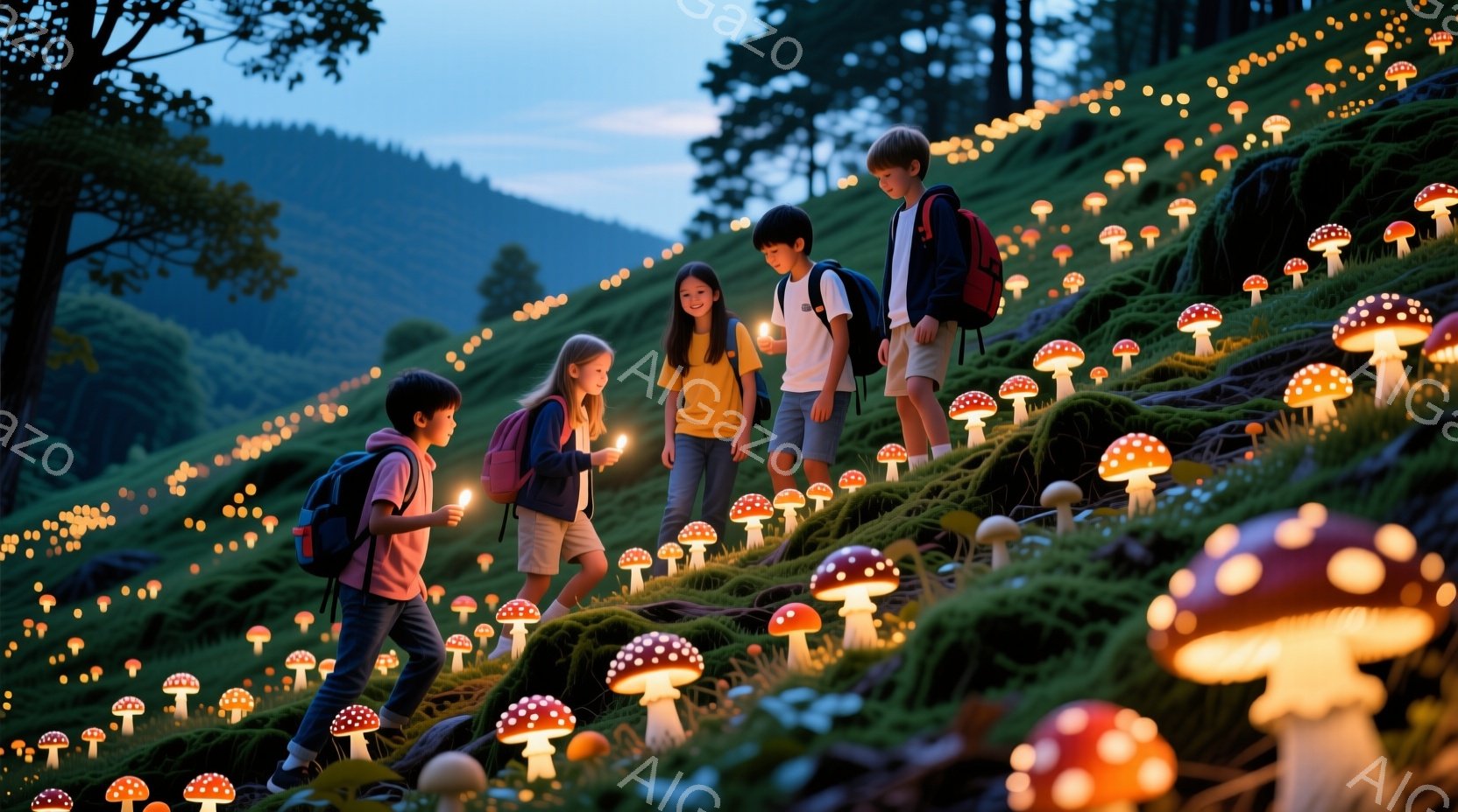 少年少女たちが、光るキノコが生い茂る丘を歩いている。彼らは皆、リュックサックを背負い、手に小さな光を灯しており、表情は明るく楽しそうである。背景には緑豊かな丘陵地帯が広がり、夕暮れ時の幻想的な雰囲気を醸し出している。