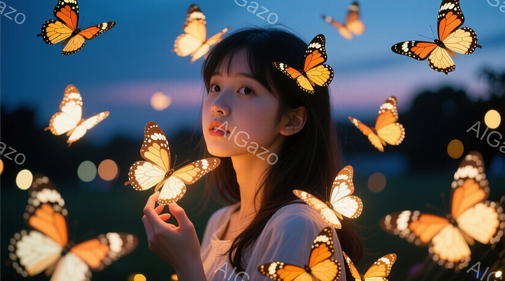 長い黒髪の女性が、無数の光る蝶に囲まれています。彼女は白いトップスを着ており、優しい表情で空を見上げています。背景にはぼやけた緑と、夜明けのような柔らかな光が広がり、幻想的で穏やかな雰囲気を醸し出しています。