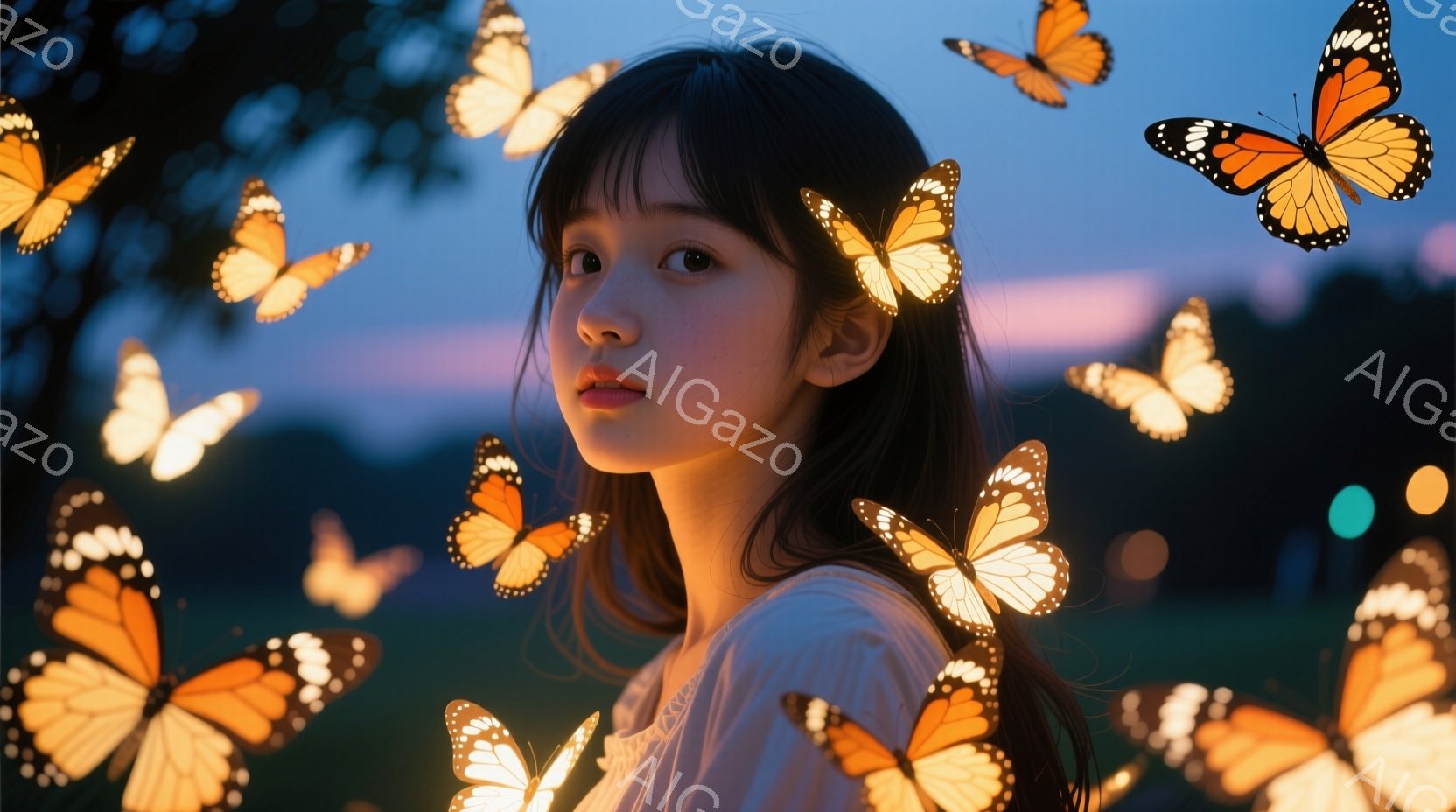 長い黒髪の女性が、無数のオレンジ色の蝶に囲まれて描かれています。彼女は白いシャツを着ており、表情は穏やかでどこか憂いを帯びています。背景は夕焼け空と緑豊かな自然で、幻想的で夢のような雰囲気を醸し出しています。