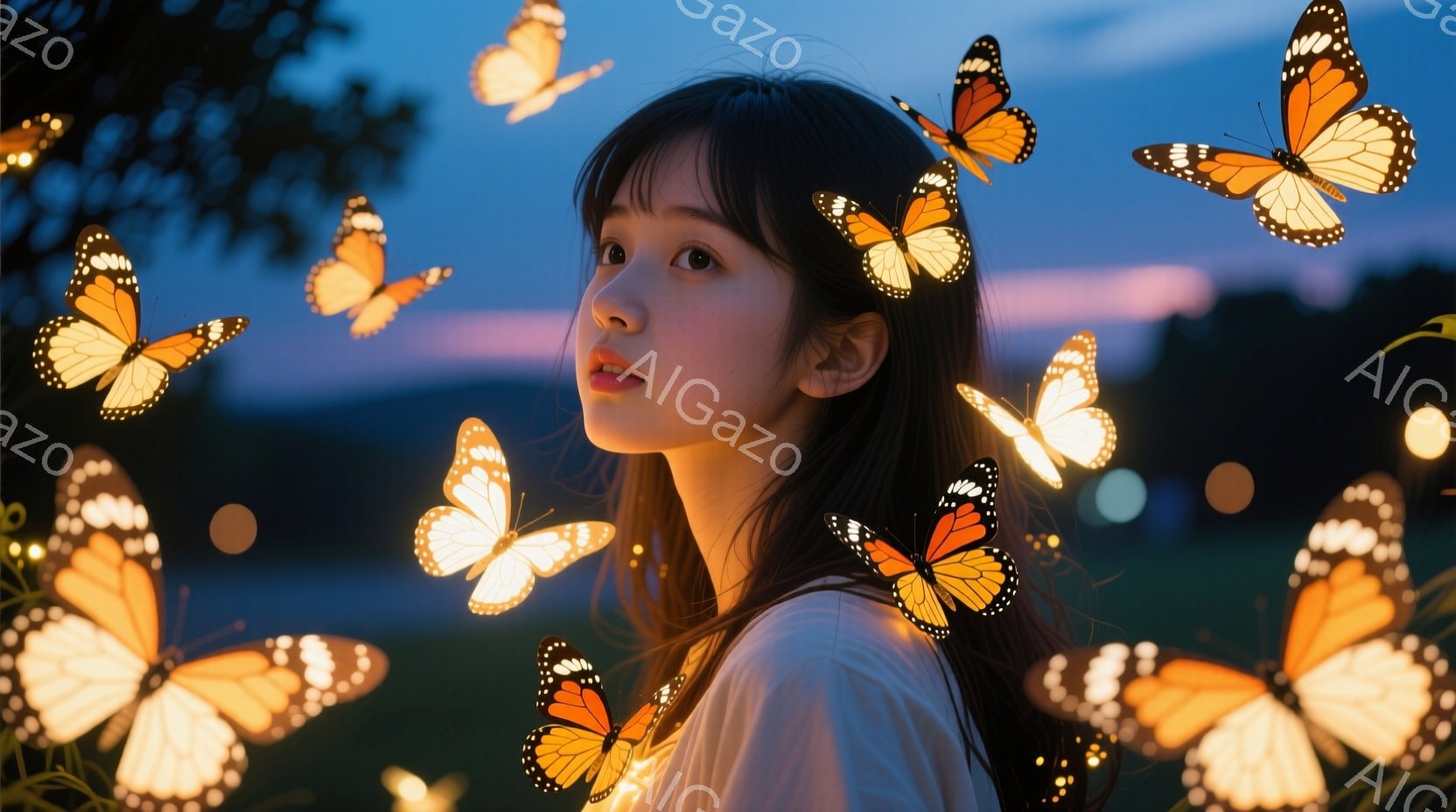 長い黒髪の女性が、オレンジ色の蝶に囲まれて描かれています。彼女は白いトップスを着ており、わずかに横を向いて穏やかな表情を浮かべています。背景は夕暮れ時の緑豊かな自然で、ぼんやりとした光が漂い、幻想的で穏やかな雰囲気を醸し出しています。