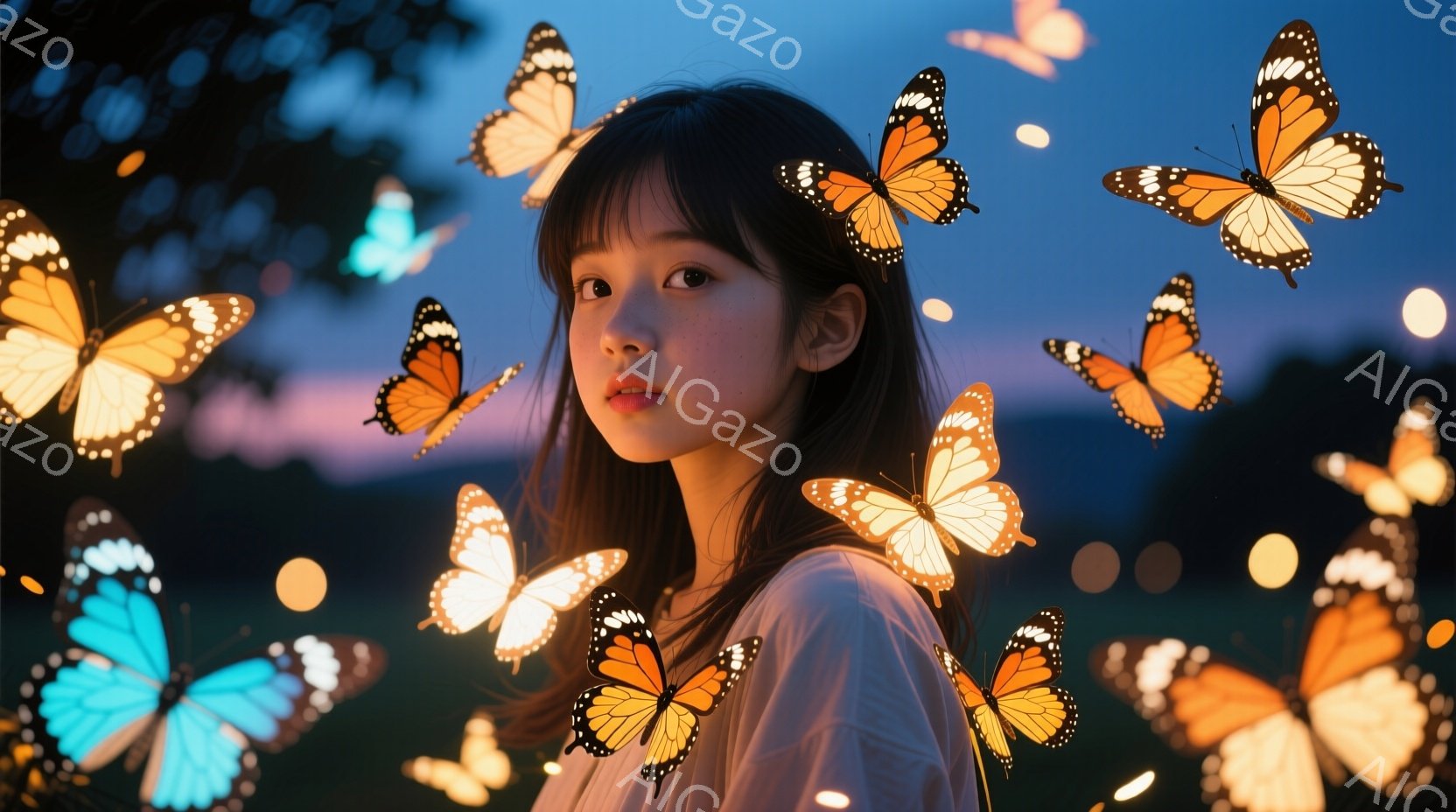 若い女性が、数多くの鮮やかな蝶に囲まれて描かれています。彼女は白いシャツを着ており、肩までの長さの黒髪で、少し憂いを帯びた表情をしています。背景は夕暮れ時の空とぼやけた緑で、幻想的で夢のような雰囲気を醸し出しています。