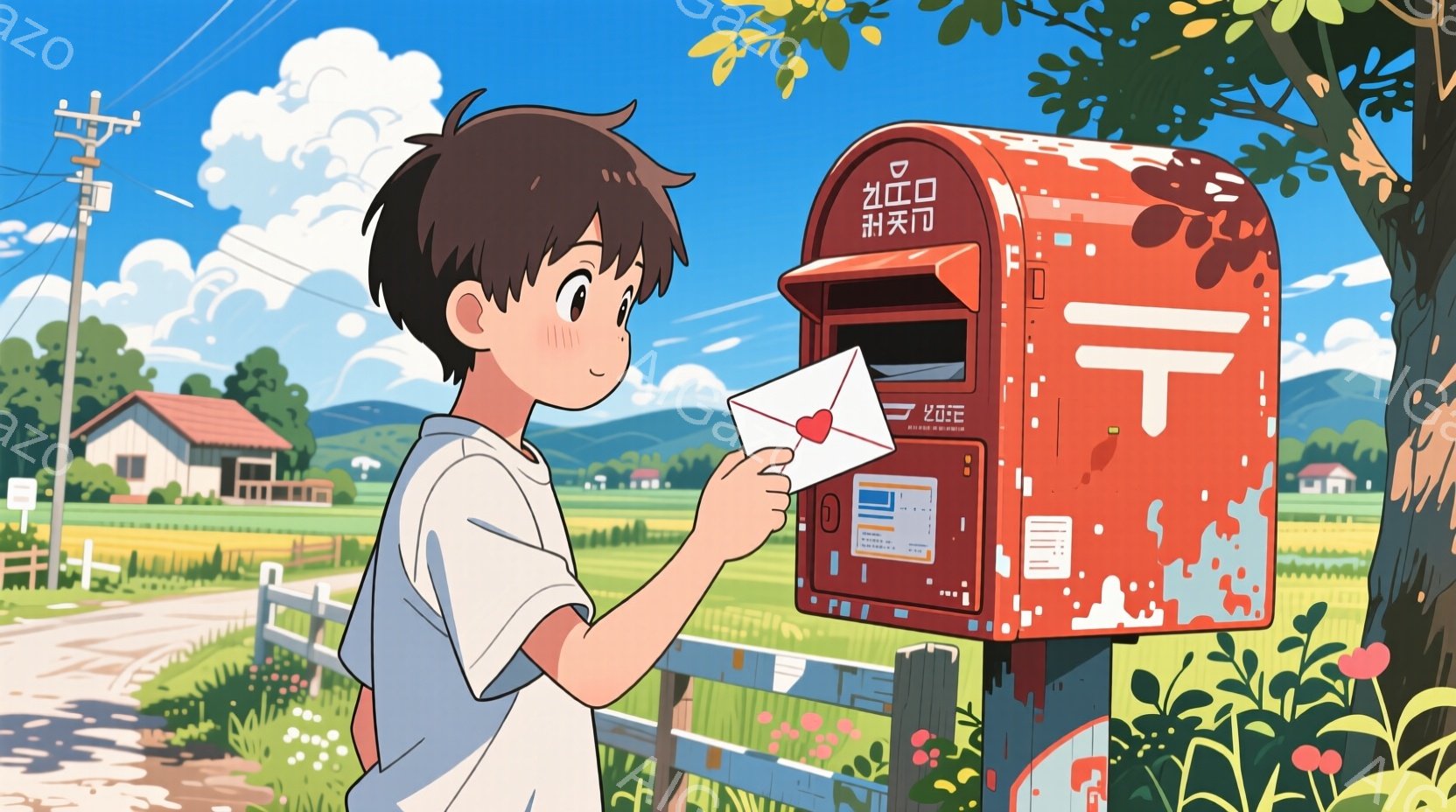 少年は白いシャツと青いズボンを身につけ、黒髪を短く切った姿で、赤い郵便ポストに手紙を投函しようとしている。彼の表情は少し緊張しているようで、手紙を大事そうに持っている。背景には緑豊かな田園風景が広がり - AI生成フリー素材