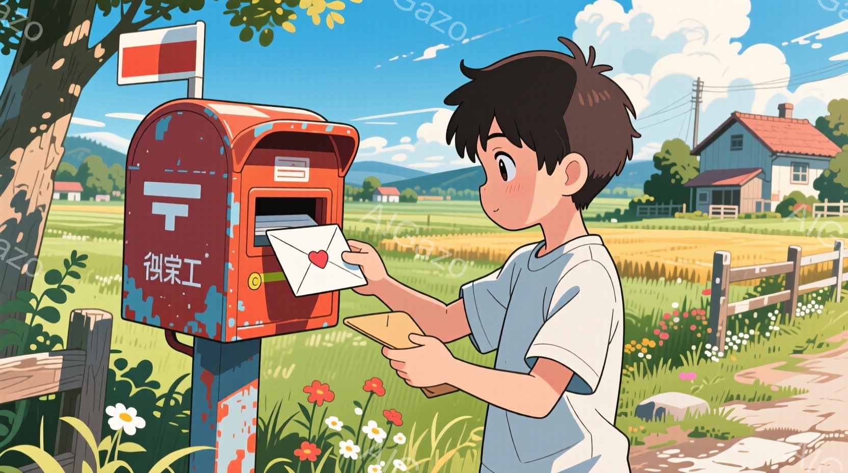 短い黒髪の少年が、少し古びた赤い郵便ポストに手紙を入れようとしています。彼は白いTシャツと短パンを着ており、顔には微笑みが浮かんでいます。背景には緑豊かな田園風景が広がり、遠くには家々が見え、晴れた空が広がっています。