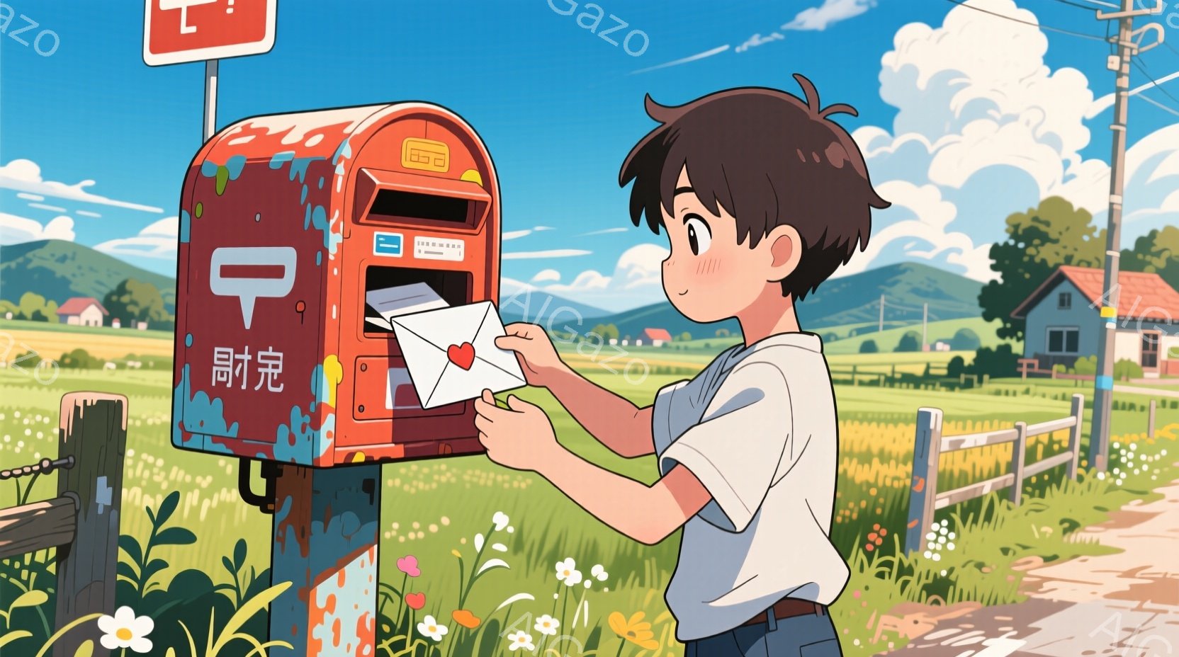 茶色の髪の少年が、緑のズボンと白いシャツを着て、錆びた赤い郵便ポストに手紙を投函しています。彼の表情は少し照れたようで、優しい笑顔を浮かべており、夏の晴れた日に向かい合っています。背景には、緑豊かな草原、白い花々、遠くに見える家々が広がり、青い空と白い雲が広がっています。