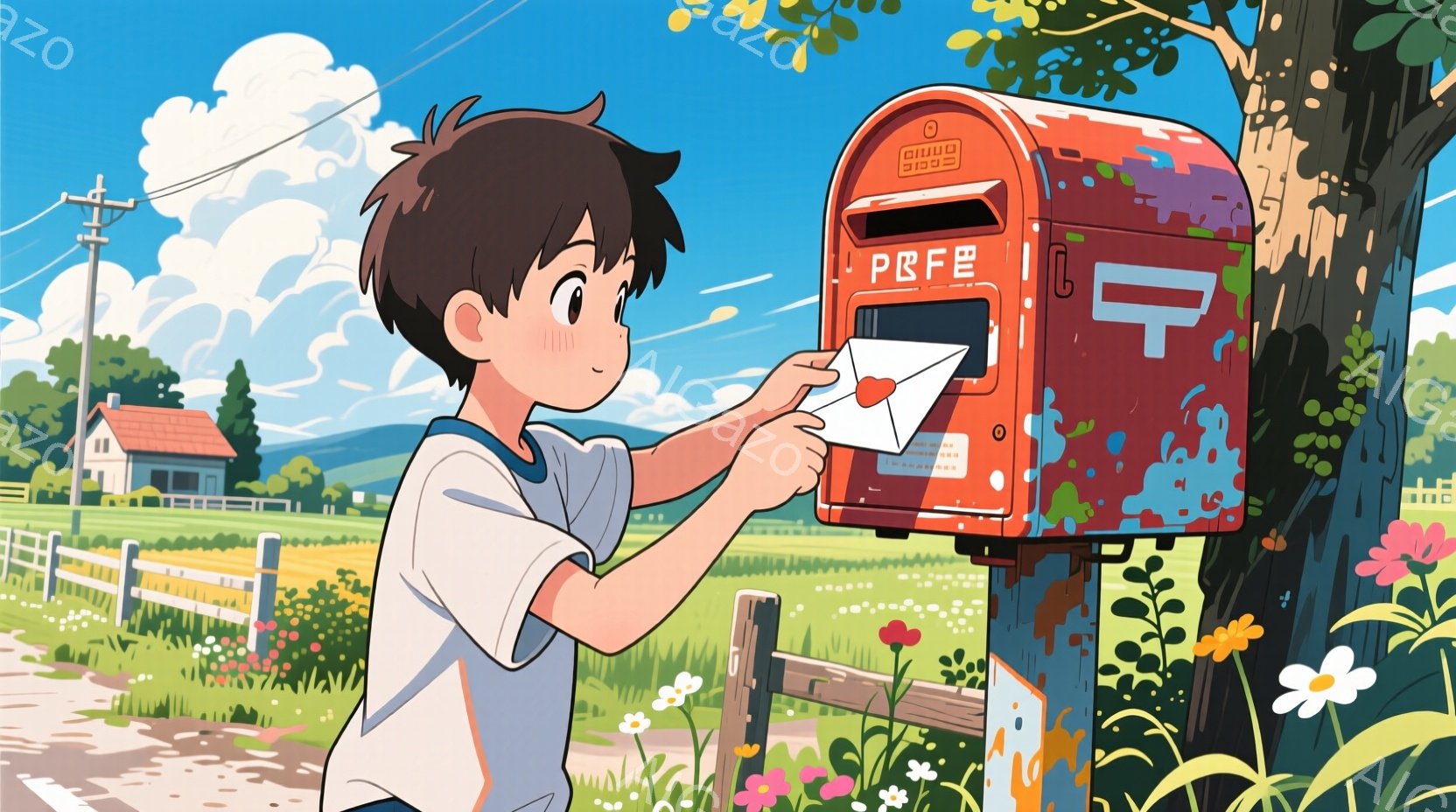 少年は白いシャツと短いズボンを着て、赤い郵便受けに手紙を投げ入れようとしている。彼の髪は短く黒く、顔には穏やかな笑顔が浮かんでいる。背景には緑豊かな田園風景が広がり、遠くには家々が見え、晴天の下、穏やかでノスタルジックな雰囲気が漂っている。