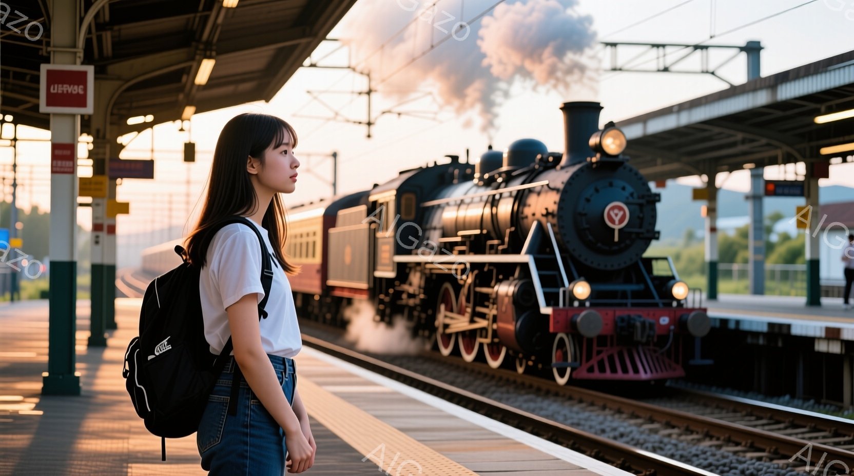 プラットフォームに立つ若い女性は、白いTシャツとジーンズ、黒のバックパックを身につけています。彼女は横を向き、どこかを見つめるような表情をしており、少し憂いを帯びた雰囲気が漂っています。背景には蒸気機関車が立ち込める煙とともに迫っており、夕焼け空と山のシルエットが広がり、ノスタルジックで穏やかな情景が広がっています。