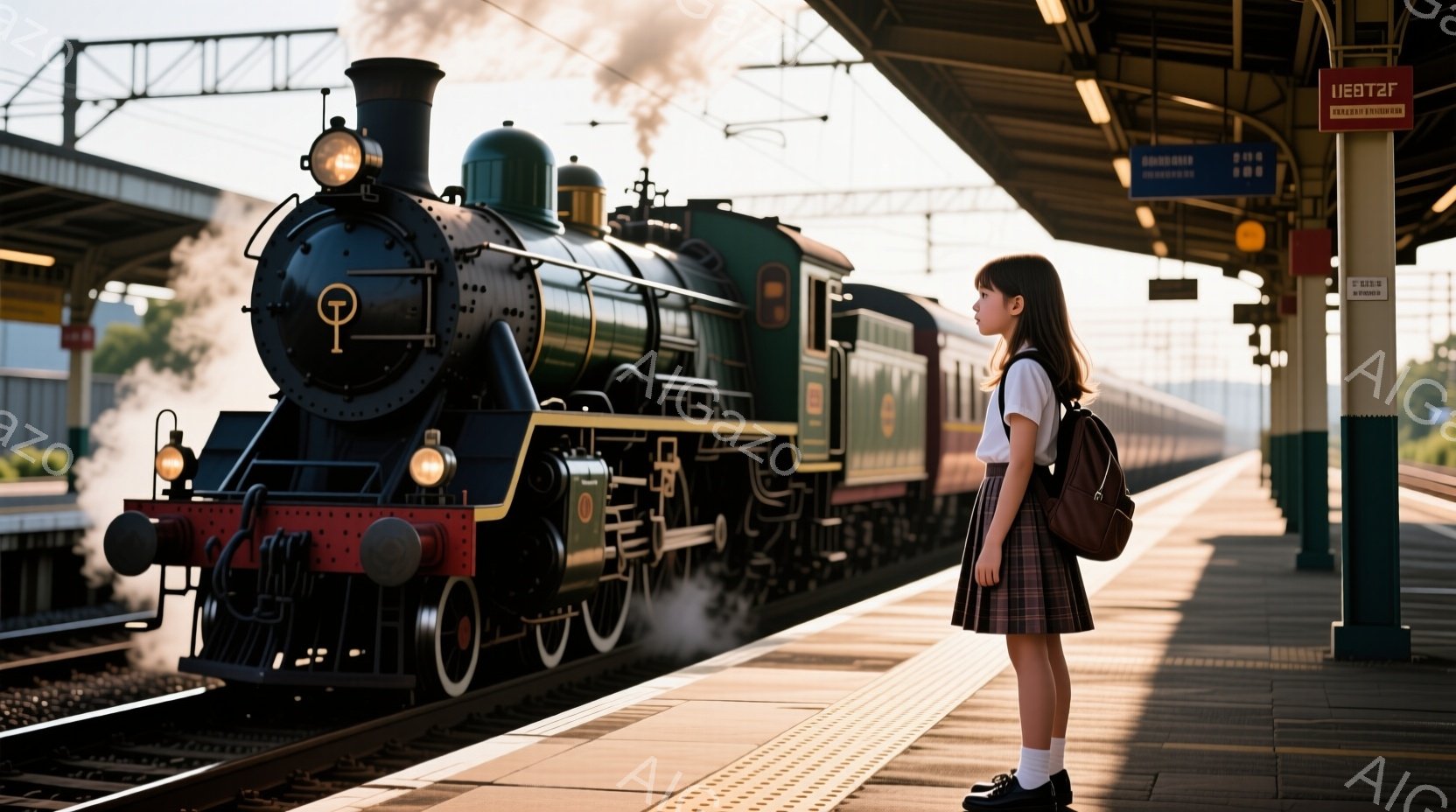 茶色の蒸気機関車が駅のプラットフォームに停車しており、煙を上げている。少女は白いブラウスとチェックのスカート、黒い靴を履いており、背中にリュックサックを背負い、線路に停車した列車を見上げている。背景には駅の屋根と自然が見え、晴れた空と穏やかな光が、懐かしい雰囲気を醸し出している。