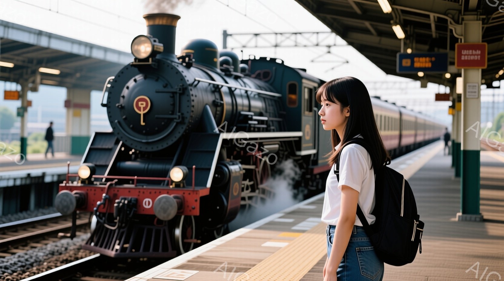 若い女性が駅のホームに立っており、白いTシャツとデニム、黒いリュックを背負っています。彼女は少し横を向き、遠くを見つめており、憂いのある表情をしています。背景には蒸気機関車が停車しており、白い煙を上げ、レトロな雰囲気の駅のホームが広がっています。