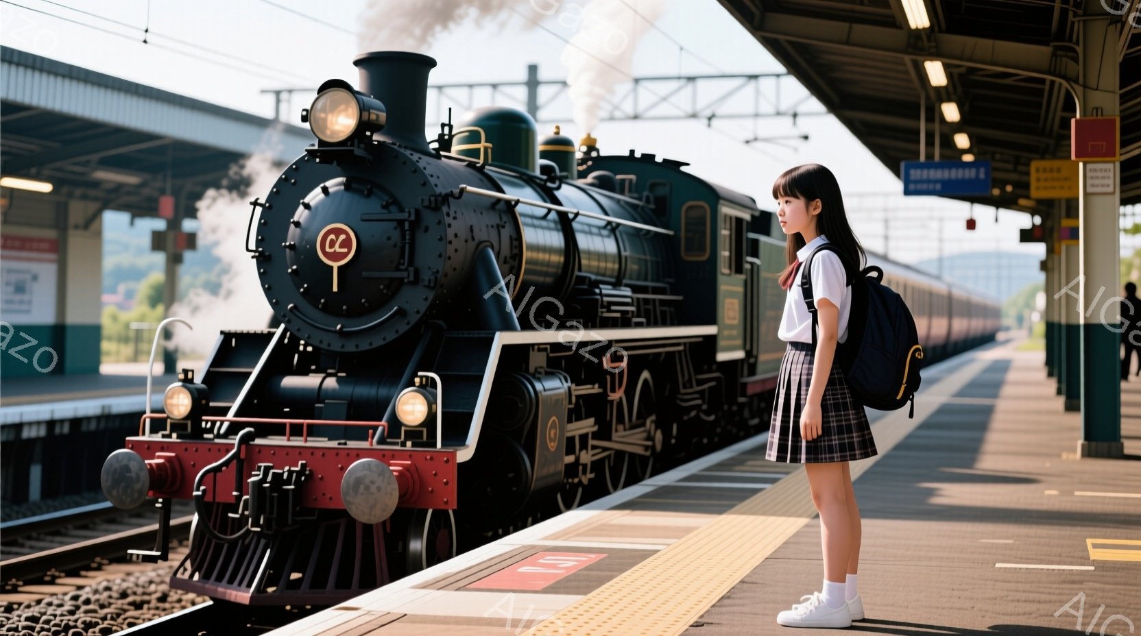 プラットフォームに立つ少女は、紺色の制服に白いブラウス、膝丈のプリーツスカート、白いソックスとスニーカーを履いている。彼女は黒髪を後ろでまとめ、少し上目遣いで蒸気機関車を見つめている表情は、どこか物憂げで、列車への憧憬や旅立ちへの予感を漂わせている。背景にはレトロな駅舎、遠くの山々が見え、晴天の下、蒸気機関車の煙が立ち上る様子は、懐かしい風景と少し寂しげな雰囲気を醸し出している。