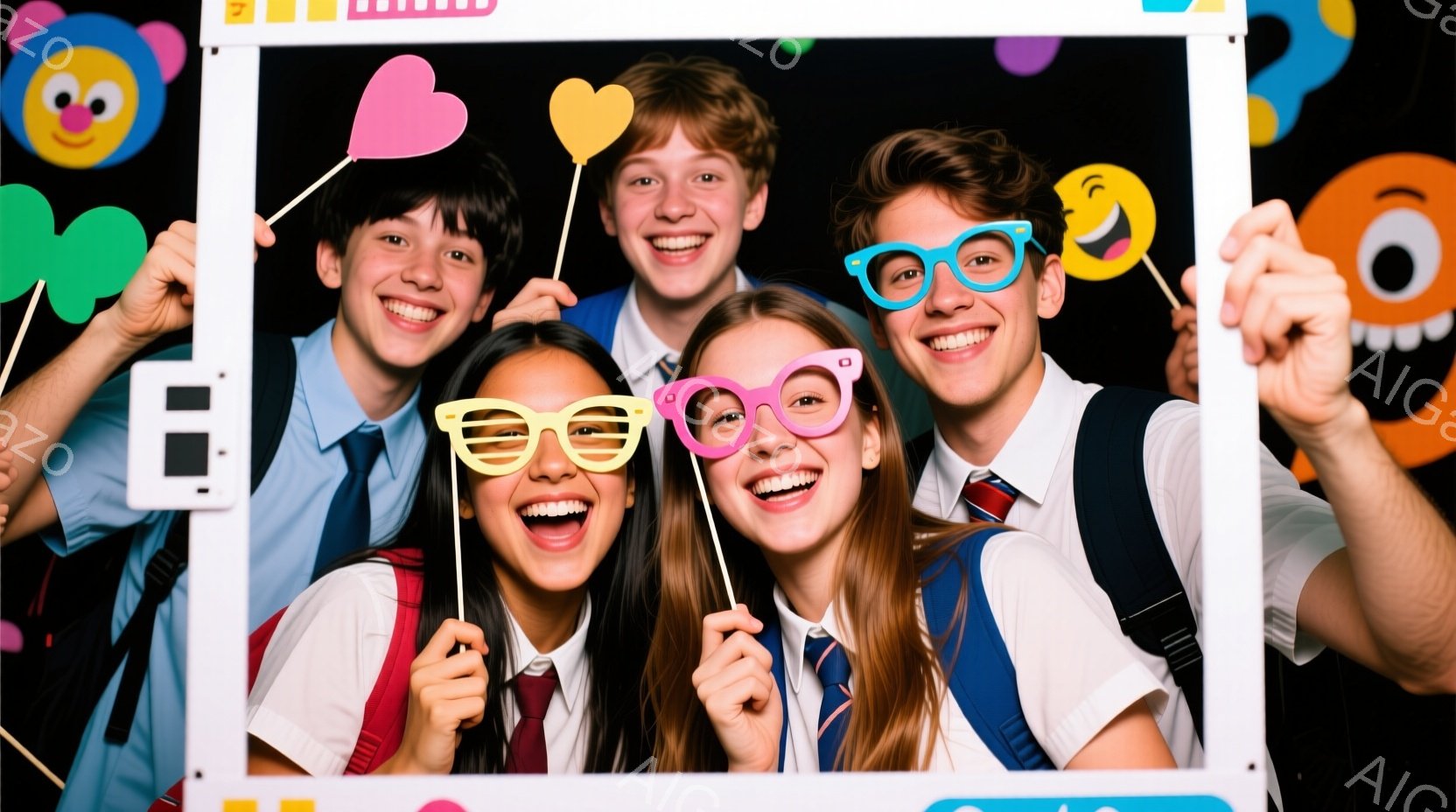 ５人の若者が白いフレームの中で笑顔でポーズをとっています。彼らは皆、学校制服のような青いシャツとネクタイ、ベストを着ており、それぞれ異なる色の面白いメガネやハート、星の形の小道具を持っています。背景は明るい色で装飾されており、お祭りやパーティーのような楽しい雰囲気が漂っています。