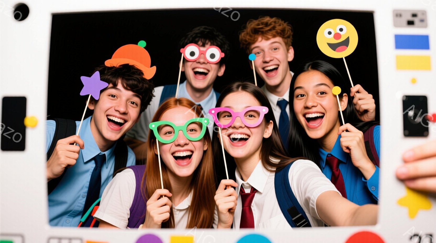 楽しそうな若者たちがフォトブースの中で笑顔でポーズをとっています。彼らは学校制服のような服装で、カラフルな小道具（星、メガネ、帽子など）を持っており、全員がとても陽気な表情をしています。背景は白く、カラフルなストライプと装飾が施されており、お祝いムードを演出しています。