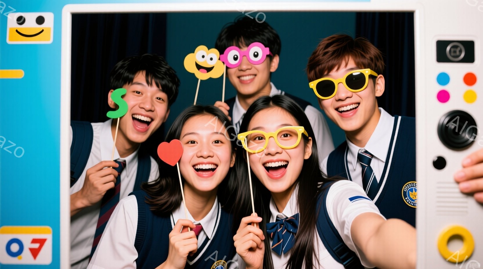 4人の若者がフォトブースで楽しそうにポーズをとっています。皆、制服を着ており、それぞれ異なる色のサングラスや小道具（口ひげなど）をつけています。背景は明るい色で、全体的に明るく楽しい雰囲気が漂っています。